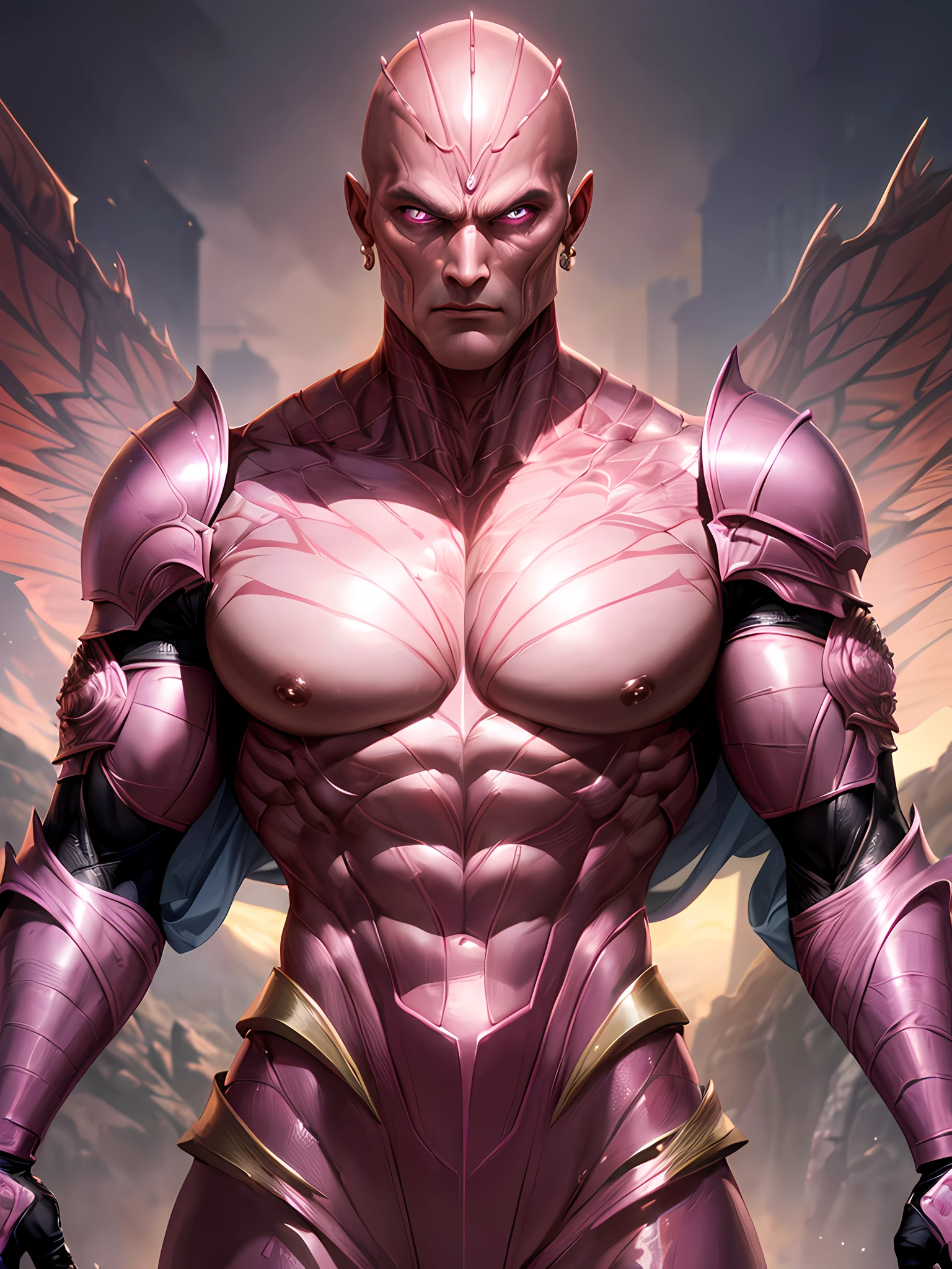 Top quality, Photorealistic, 8K, High Definition, Unity 8K wallpaper, high res, ultra sharp, masterpiece, ((masterpiece)), best quality, expressive eyes, perfect face, detailed face, detailed eyes, masterpiece, highly detailed exquisite character art, epic fantasy digital art style, detailed digital 3D fantasy art, ultra-realistic, detailed body, detailed pecs, mid-shot, ((tall muscular man male humanoid)), bald, humanoid pink skin, humanoid pink skin tone, pink hue, powerful humanoid appearance, metallic scales, scales. metallic armor, intimidating face, strong jaw, high cheekbones, pecs, villain pose, in the town, petals, ((male muscular pink humanoid insect))