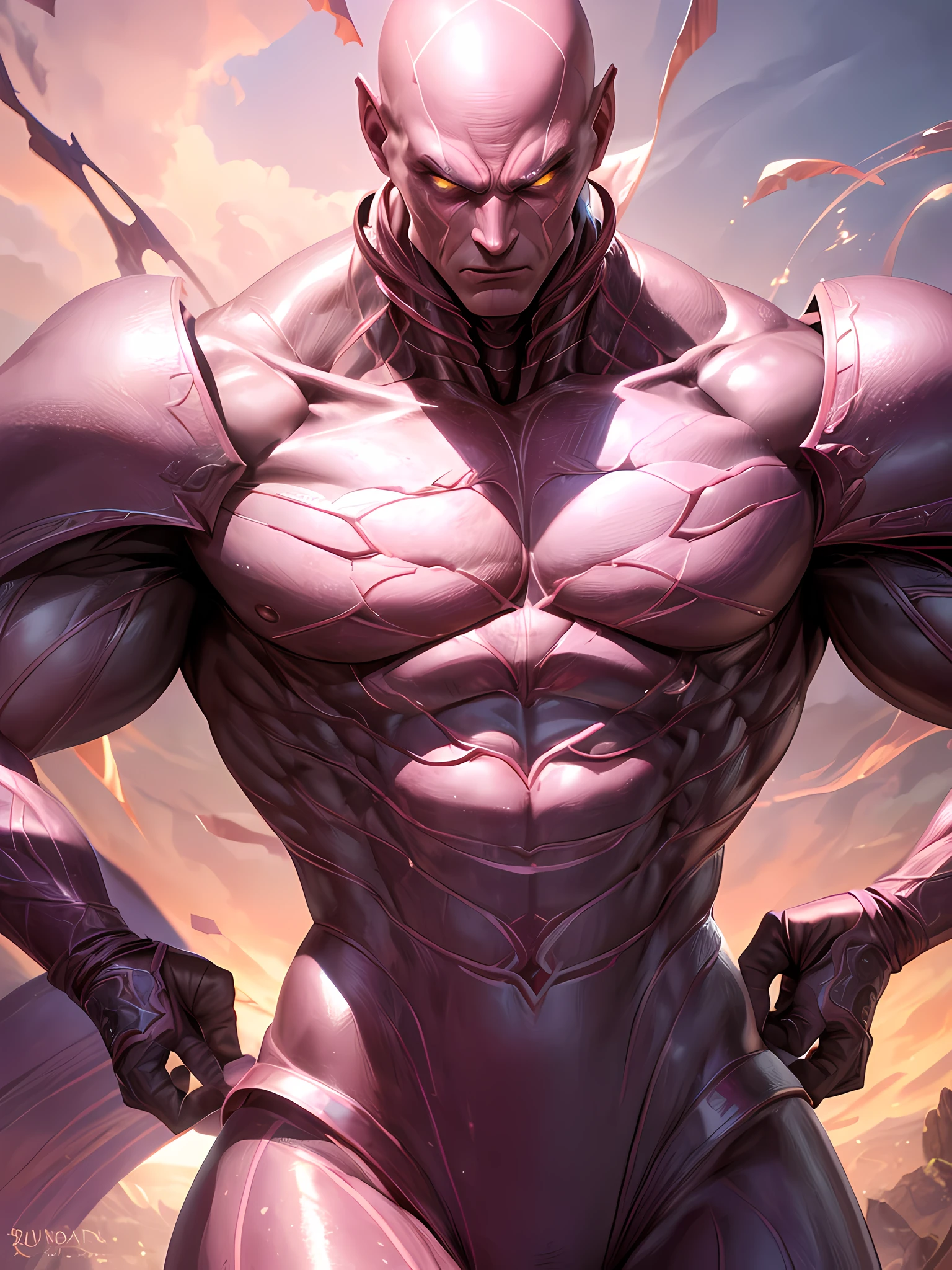 Top quality, Photorealistic, 8K, High Definition, Unity 8K wallpaper, high res, ultra sharp, masterpiece, ((masterpiece)), best quality, expressive eyes, perfect face, detailed face, detailed eyes, masterpiece, highly detailed exquisite character art, epic fantasy digital art style, detailed digital 3D fantasy art, ultra-realistic, detailed body, detailed pecs, mid-shot, ((tall muscular man male humanoid)), bald, humanoid pink skin, humanoid pink skin tone, pink hue, powerful humanoid appearance, metallic scales, scales. metallic, intimidating face, strong jaw, high cheekbones, pecs, villain pose, in the town, petals, ((male muscular pink humanoid insect))