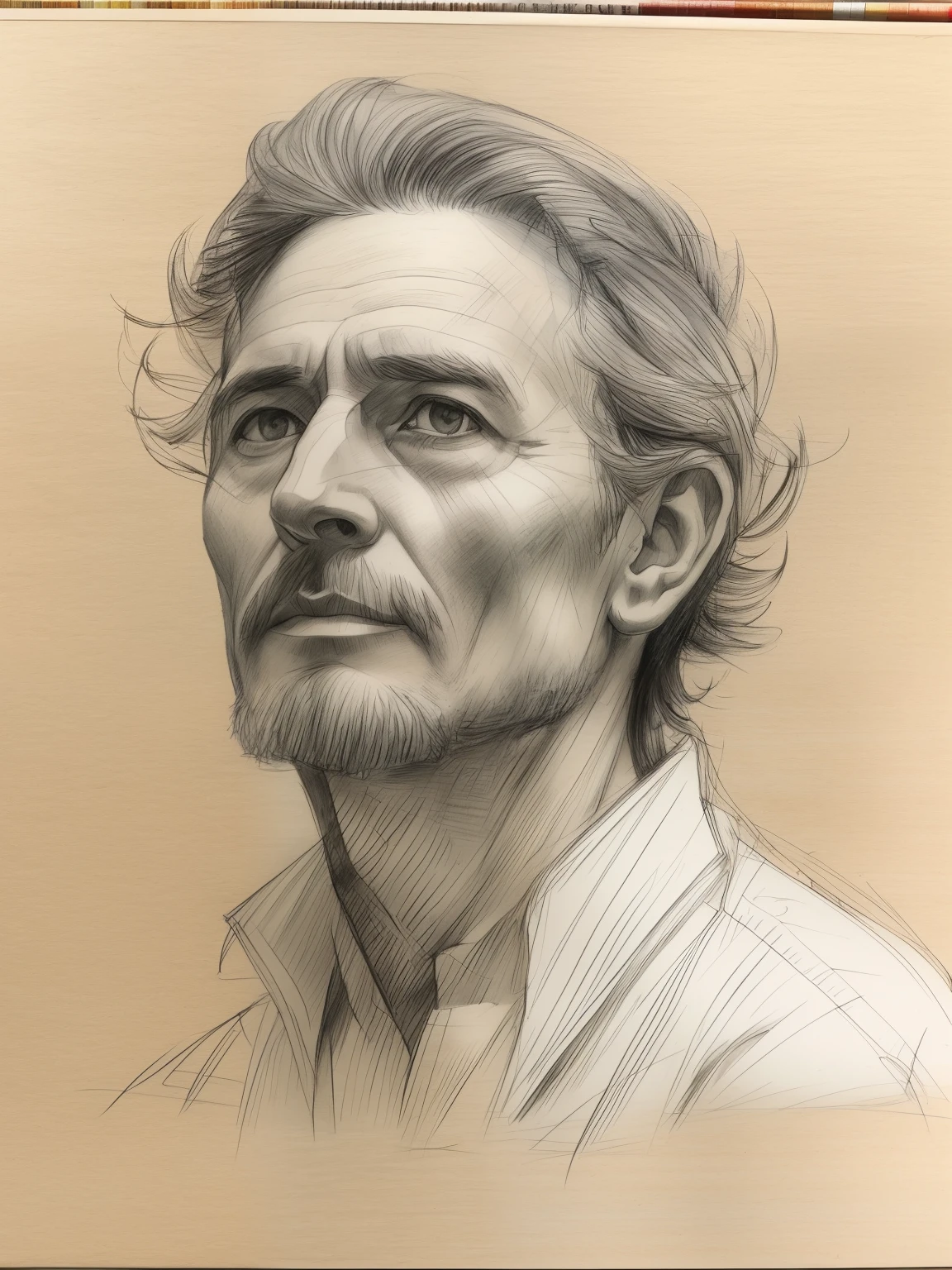 painting of a man, realistic sketch, hyperrealistic sketch, detailed pencil sketch, Pencil sketch, realistic digital drawing, detailed sketch drawing, highly detailed portrait, detailed 4 k drawing, pencil drawing, highly detailed sketch, Realistic drawing, extremely detailed portrait, detailed but rough, pencil drawing illustration, realism drawing, detailed sketch, sketch art,((High quality, Masterpiece:1.4)), 1 man, ((Upper body)), Portrait sketch, Messy drawings, Messy charcoal spots, Unfinished sketch, A sketchbook of a 42 year old man in charcoal style painting, Sketchbook drawing, sketchbook, Beautiful hair, Pale skin，wrinkles，Elderly，short detailed hair，There are blue eyes that are too deep to see，
Thin lips，The lip line is distinct。The face is well defined，
The chin is firm and powerful，Wearing a white gown, ((Paper material background)), Realistic charcoal line, Imperfect drawing, Charcoal shavings, Charcoal production line, imperfections, Doctor in a white gown, , Realistic