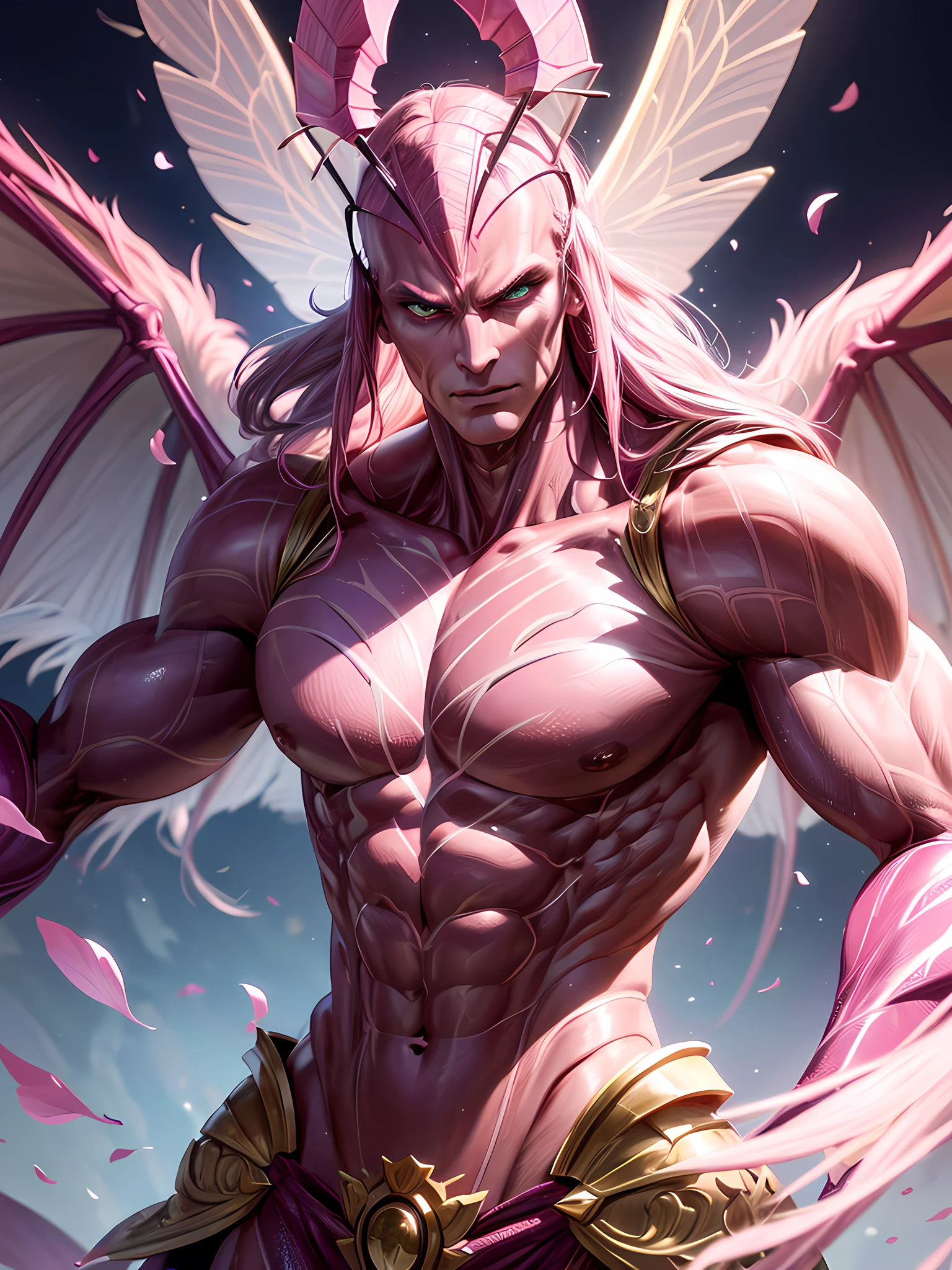 Top quality, Photorealistic, 8K, High Definition, Unity 8K wallpaper, high res, ultra sharp, masterpiece, ((masterpiece)), best quality, expressive eyes, perfect face, detailed face, detailed eyes, masterpiece, highly detailed exquisite character art, epic fantasy digital art style, detailed digital 3D fantasy art, ultra-realistic, detailed body, detailed pecs, mid-shot, 1muscularman, ((tall muscular man male humanoid)), bald, humanoid pink skin, humanoid pink skin tone, pink hue, powerful humanoid appearance, metallic scales, scales. metallic, intimidating face, strong jaw, high cheekbones, pecs, villain pose, in the town, petals, ((male muscular pink humanoid insect with wings)), lotus petals
