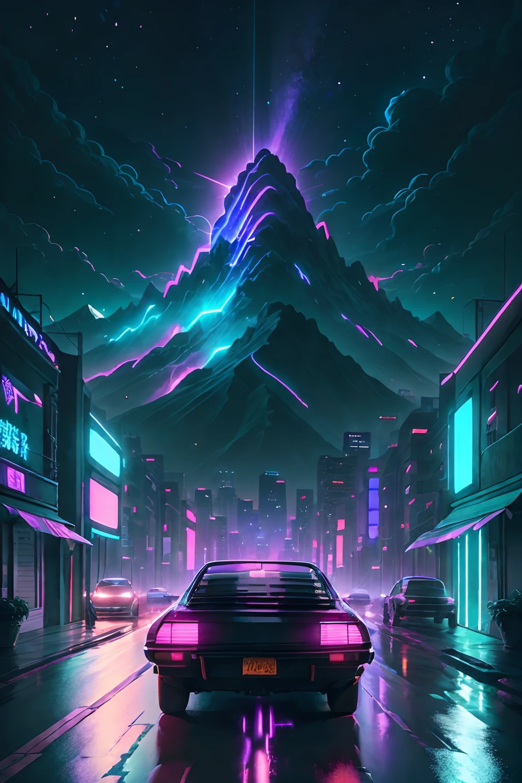 retrowave. city, car, road,  purple neon lights, sun, mountain, 
(masterpiece,detailed,highres),