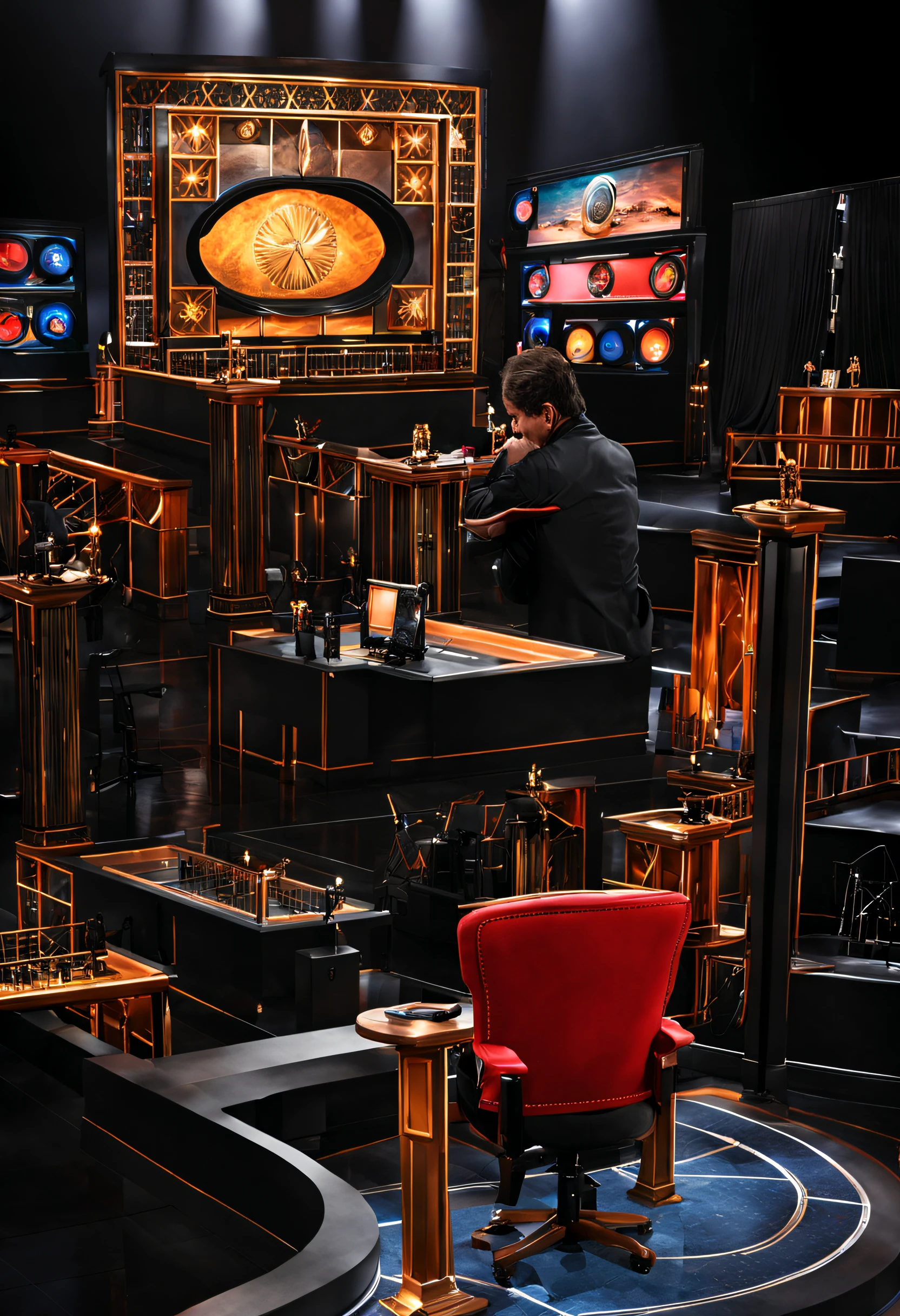 # Photorealistic Images prompt for "Who Wants to Be a Millionaire" Show Background
Craft an exceptionally detailed photorealistic image that encapsulates the essence of the iconic TV show "Who Wants to Be a Millionaire." The scene should be set in the show's actual studio, recreating the ambiance of the game show. The image should exhibit high-resolution 8K quality, meticulously depicting the studio's intricacies under studio lighting conditions. Utilize a 35mm lens to capture a wide shot, showcasing the entire set, including the lifelines, audience, and the grand prize. Pay meticulous attention to rendering each detail, down to the contestant's hot seat and the host's podium. This image should be so lifelike that viewers feel as if they are physically present on the show's set.