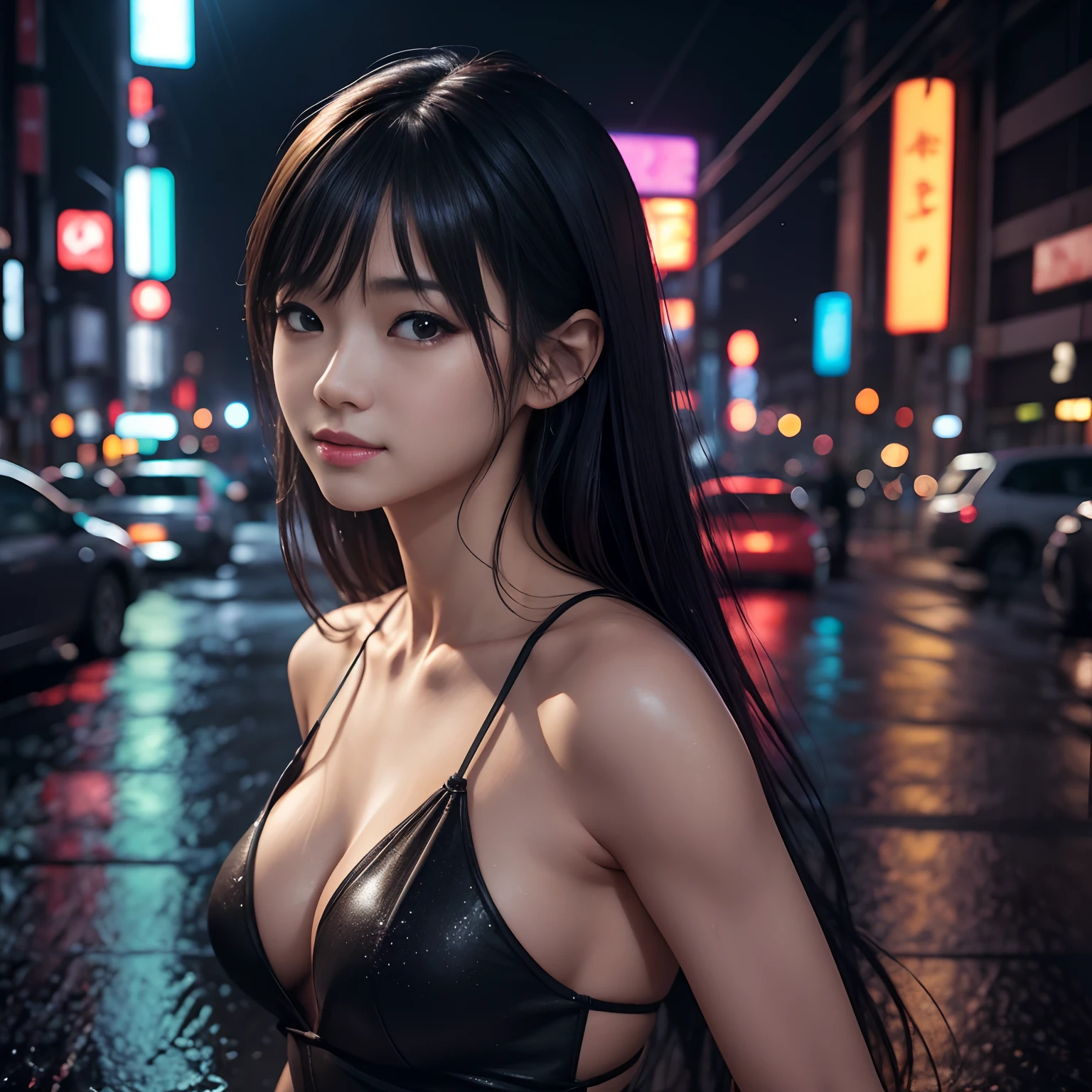 1 girl、On Tokyo Street、urban landscape、Nighttime cityscape、Neon Street、Rain at night、Rain-drenched body、Upper torso、a closeup of a、ssmile、、(8K、RAW photography、topquality、tmasterpiece:1.2)、(realisitic、photoRealstic:1.37)、Highly detailed eyelash rendering、(((Outstanding picture quality))), delicate skin, (beautiful hair), (perfect anatomy), (Realistic), (Dynamic Angle), The pose is seductive,Perfect,sensual look、topquality、hight resolution、 --auto