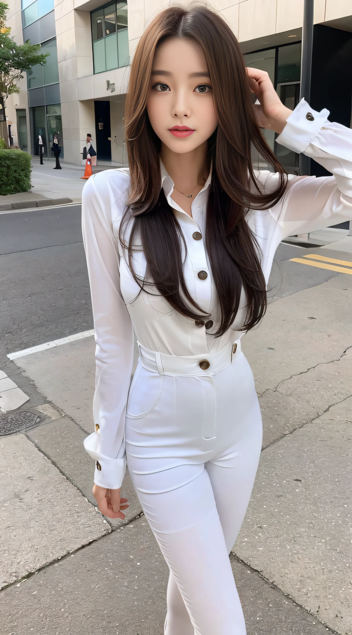 ((best qualtiy,8K,tmasterpiece:1.3)),1 girl, full bodyesbian, Outdoors, (Adjust hair:1.5) Office Lady, officeskirt, (White jumpsuits:1.2), (short buttoneddownshirt:1.2), buttonedupcollarprim, buttoneddowncollarprim, Bra, (Pantyhose:1.2), alphalayers, high-heels,,Beautiful Women with Perfect Figure:1.4,glute:1.2,(Long layered hairstyle:1.2)),(the street:1.3),Highly Detailed Face and Skin Textur,full bodyesbian,Elaborate Eyes,二重まぶた,Whitens the skin,Short wave hair,Cute Korean beauty(with a round face:1.5),long skirt,ssmile