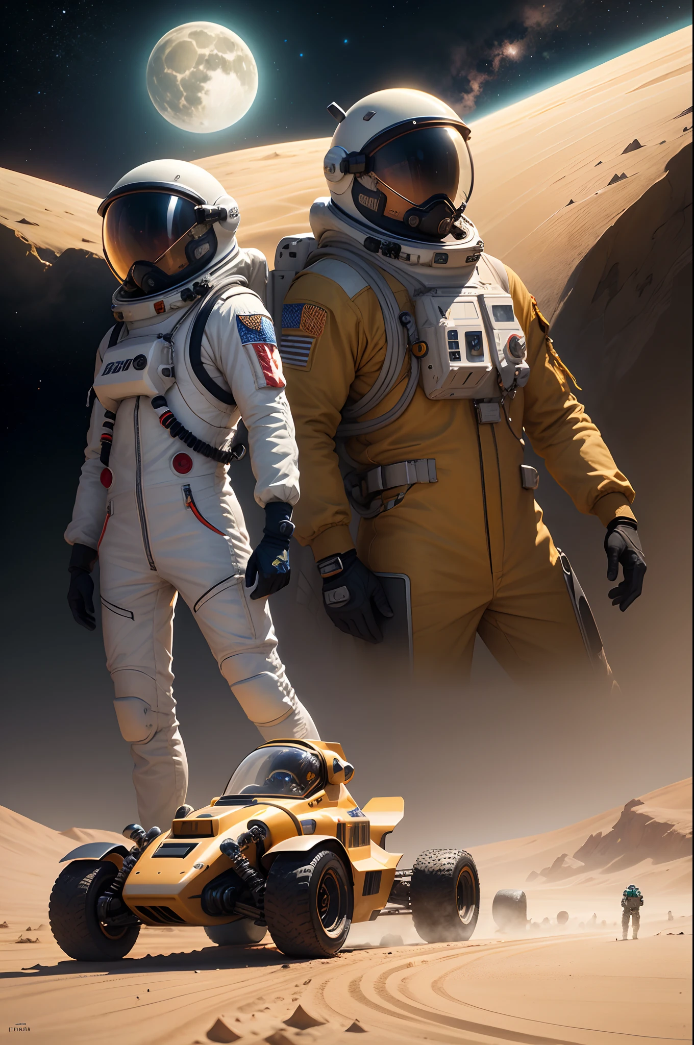 Astronauts on the go，Go-karts on a Martian desert landscape，The background is the Earth, 独奏，Sit and drive，themoon，groundvehicle，As estrelas（Skysky），sci-fy，Realistis，Spacesuit，guido，Casque spatial，sci-fi illustrations, sci-fi illustrations, stunning digital illustration,retro scifi art, science fiction digital art，