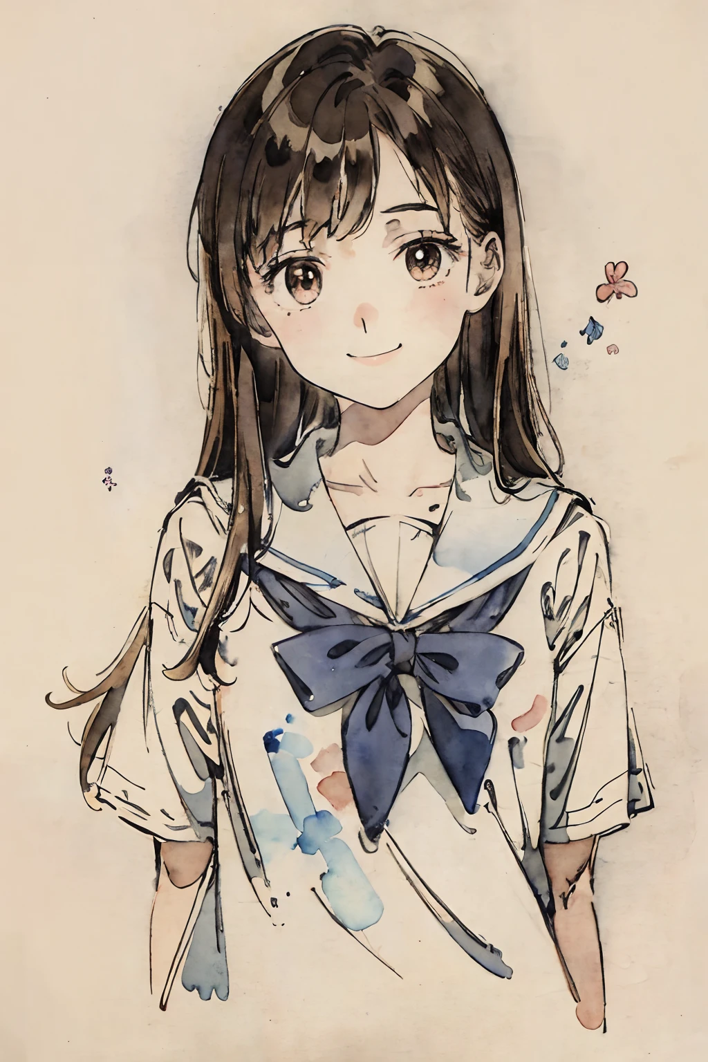 school classrooms、Watercolor style、Pale colors、hand painted style, student、hi-school girl、high-school uniform、A smile、frontage、The upper part of the body、Brown hair、semi long hair、The upper part of the body