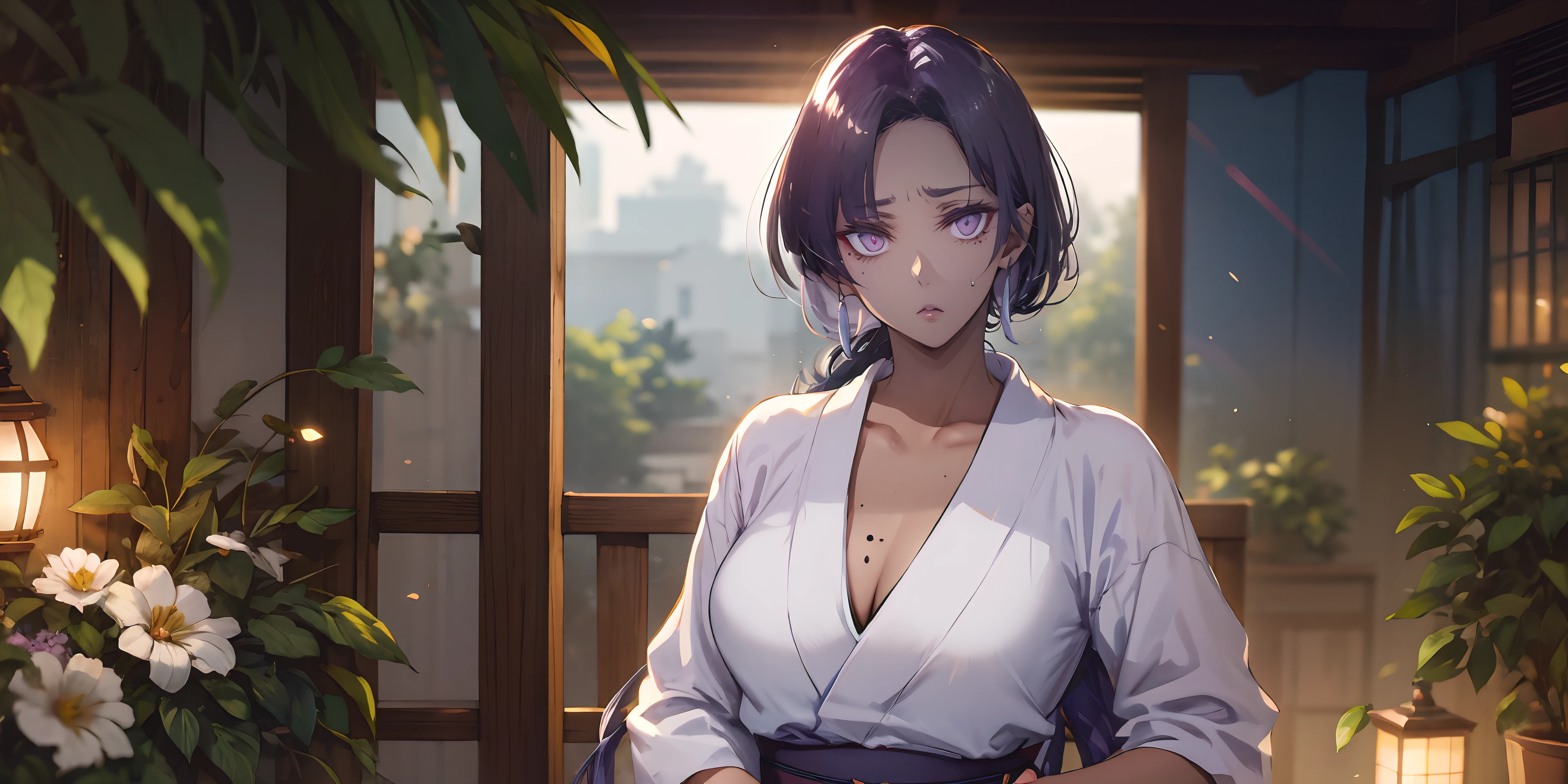 100facehassan, (dark skin:1.5) (long_hair, dark-purple hair:1.6), sweating, glowing eyes, heavy breathing,1girl, breasts, japanese_clothes, flower, solo, looking_at_viewer, cleavage, large_breasts, collarbone, kimono, leaf, bob_cut, sash, upper_body, obi, plant, lily_(flower), indoors, sliding_doors, mole, glow effects, godrays, Hand drawn, render, 8k, octane render, cinema 4d, blender, dark, atmospheric 4k ultra detailed, cinematic, Sharp focus, big depth of field, Masterpiece, colors, 3d octane render, 4k, concept art, trending on artstation, hyperrealistic, Vivid colors, extremely detailed CG unity 8k wallpaper, trending on CGSociety, Intricate, High Detail, dramatic, anime coloring, anime screencap, sweating, steaming body, fog
