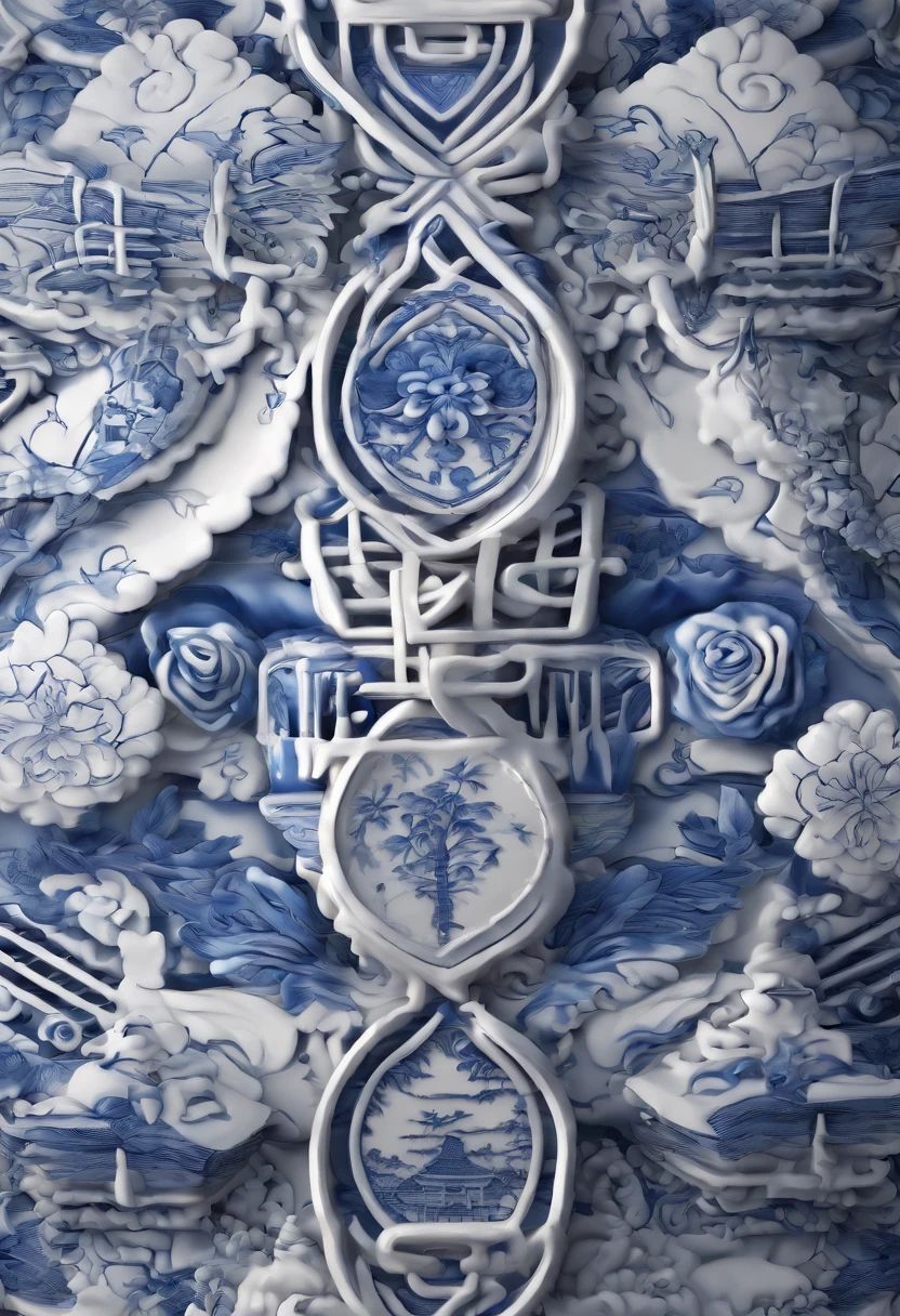 Blue and white porcelain,Ceramic material,Chinese character Zhang,artwork of a,High detail,3D,Chiaroscuro, Cinematic lighting, god light, Cinematic lighting, hyper HD, High details, Best quality, A high resolution, Textured skin