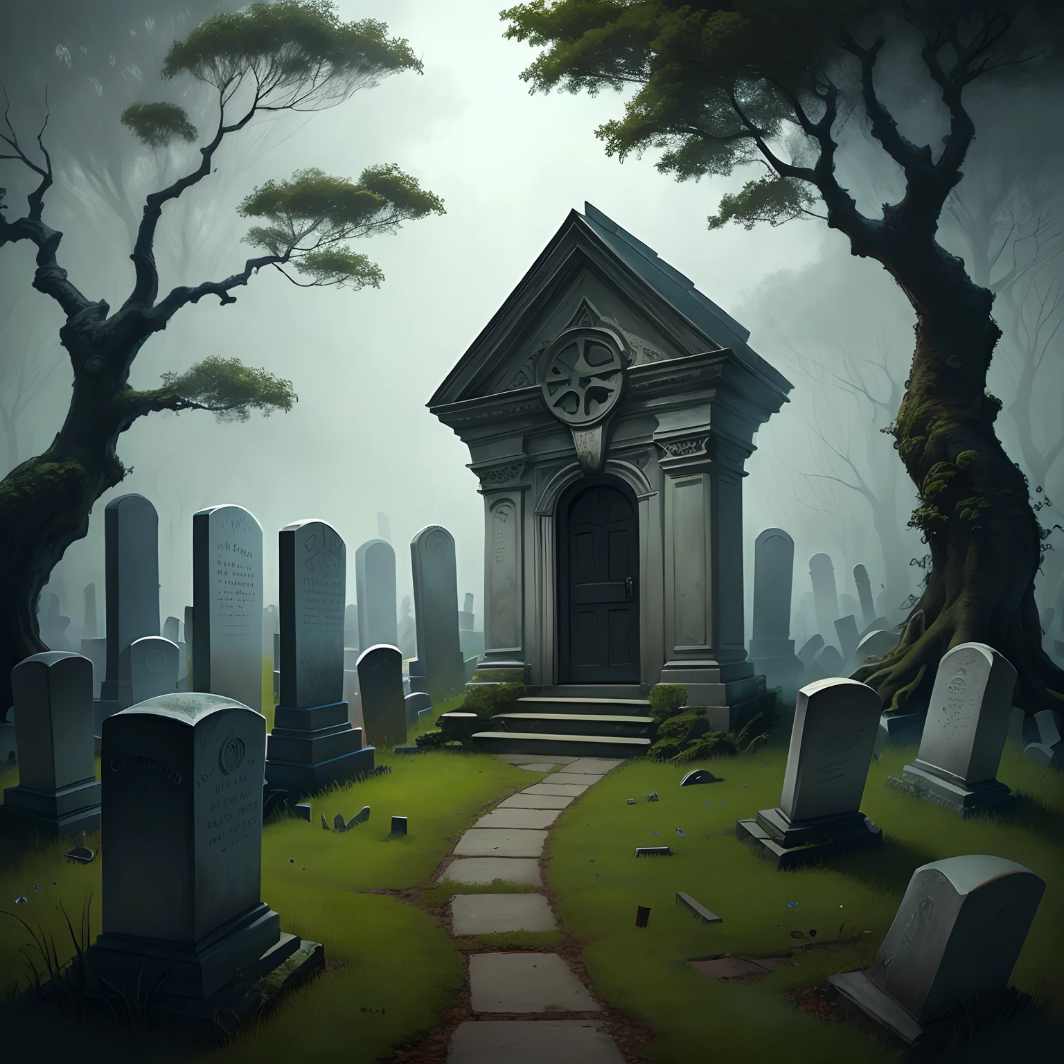 Graveyard Scene: Draw a gloomy cemetery with tombstones and gnarled trees. Adicione um toque de expressionismo nas formas e sombras para criar uma cena arrepiante.