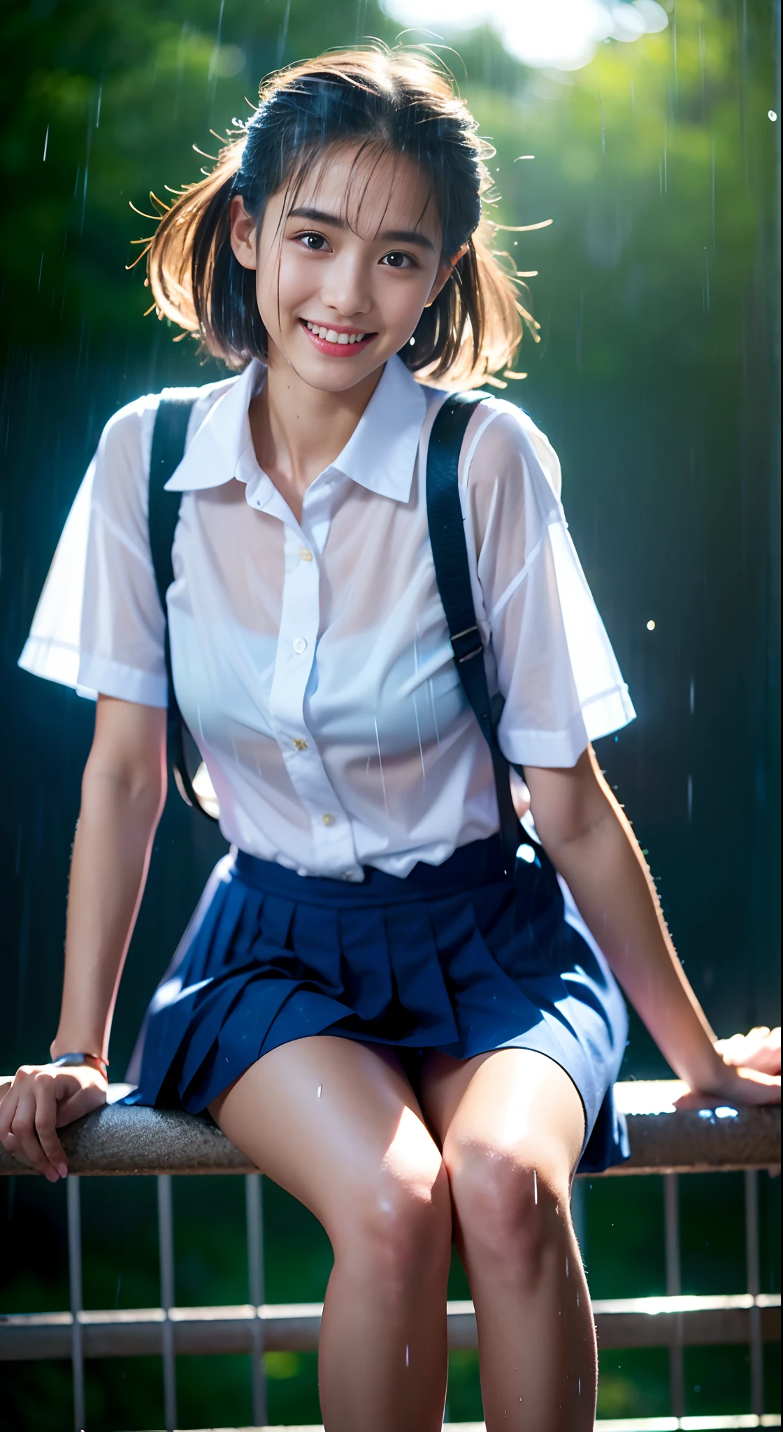 (in 8K、top-quality)、(realisitic、Photorealsitic),,,(hi-school girl:Light shirt wet in the rain)、