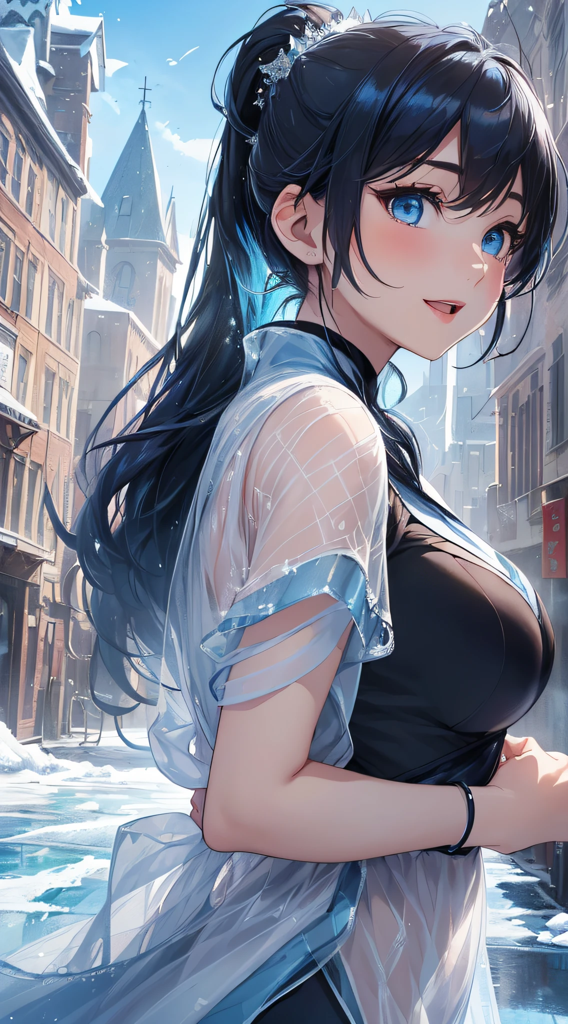 top-quality、Top image quality、masterpiece、girl with((cute little、18year old、Best Bust、Medium bust、Bust 85,Beautiful blue eyes、Breasts wide open,Ponytail with black hair、A slender、Blue hair mesh、White sailor suit、falda corta,Laugh、Leaning forward、Hands behind your back))hiquality、Beautiful Art、Background with((White blue sky、Frozen town、Frozen buildings、Freezing tower)),masutepiece、Elaborate design、visualart、depth of fields、The best lighting、highestdetailed、8k