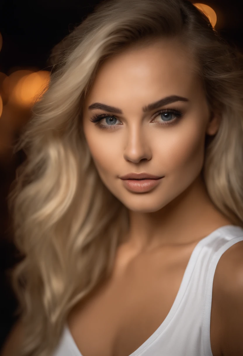 blonde woman with matching tank top and skirt posing at a night club, fille sexy aux yeux bleus, Portrait Sophie Mudd, blur background, best quality, 1girl, Portrait de Corinna Kopf, cheveux blonds et grands yeux, selfie of a young woman, ohne Maquillage, maquillage naturel, Look directly into the camera, Visage avec Artgram, dezentes Maquillage, Superbe photo du corps entier, dans la chambre, Gros seins, Blonde, latina, large breasts