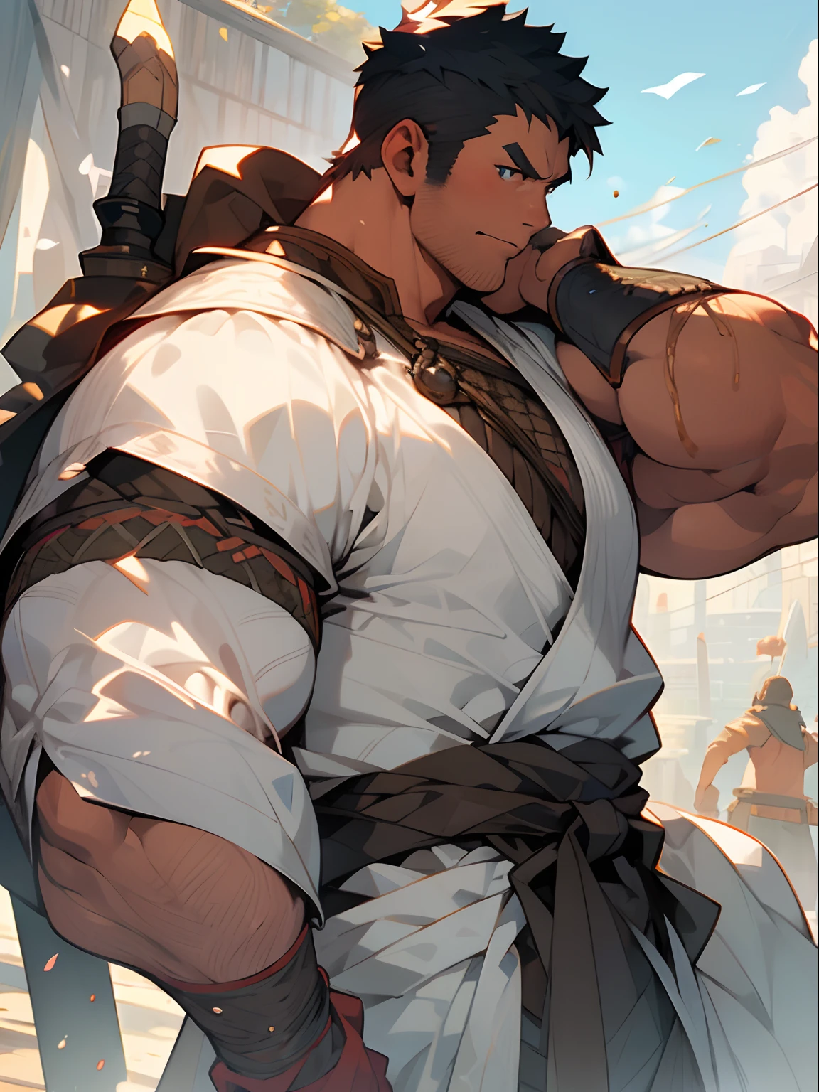 Extremely detailed, Detailed face, Detailed eyes, view full body, samurais, short-haired, fat(fat), Sword on the back