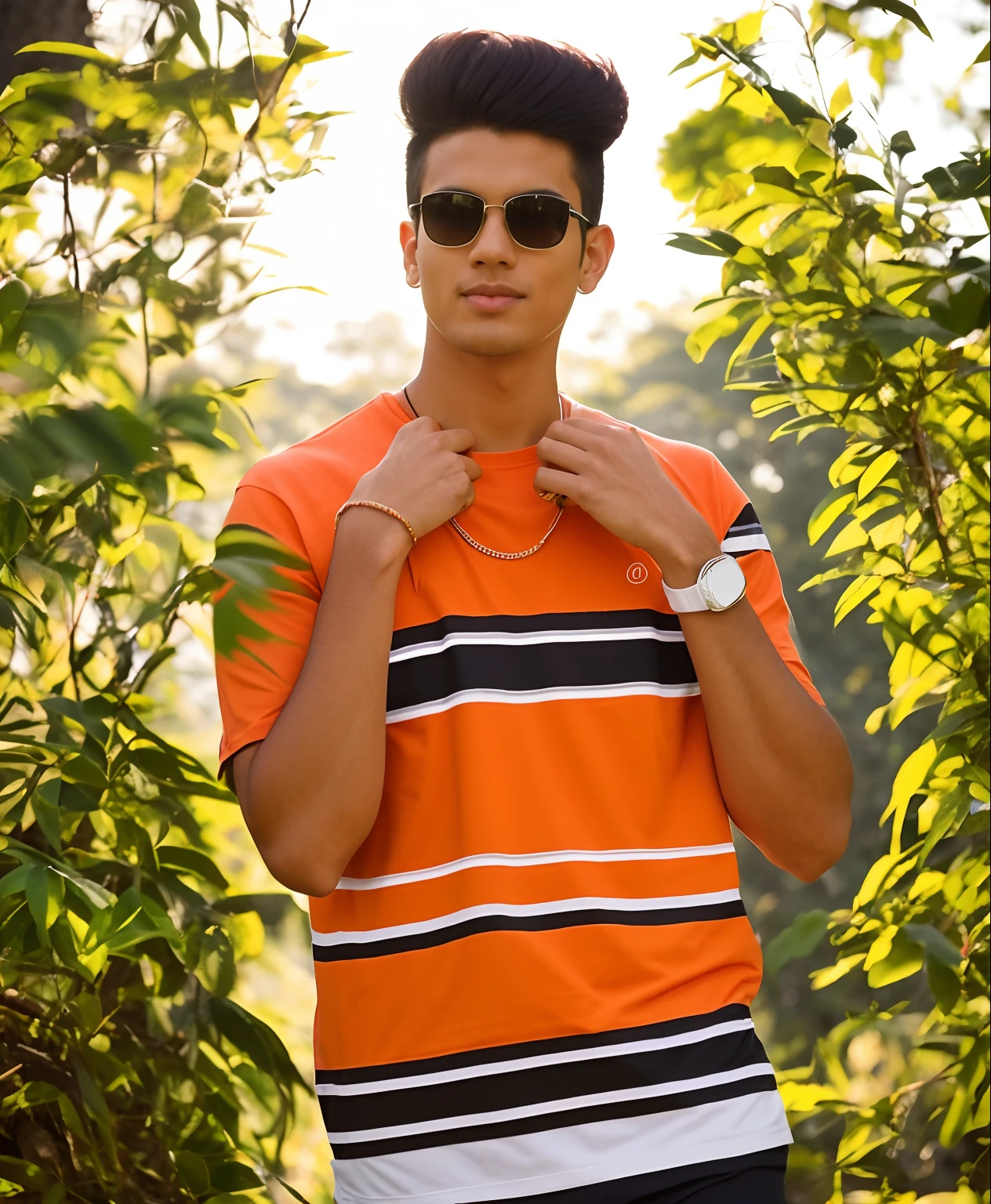 there is a man walking in the grass with a frisbee, dressed with long fluent clothes, full body picture, distant full body view, young male, in front of a forest background, taken with canon 8 0 d, wearing an orange t shirt, in sunny weather, distant full body shot, beautiful image, in jungle, casual photography, portait image, in a park