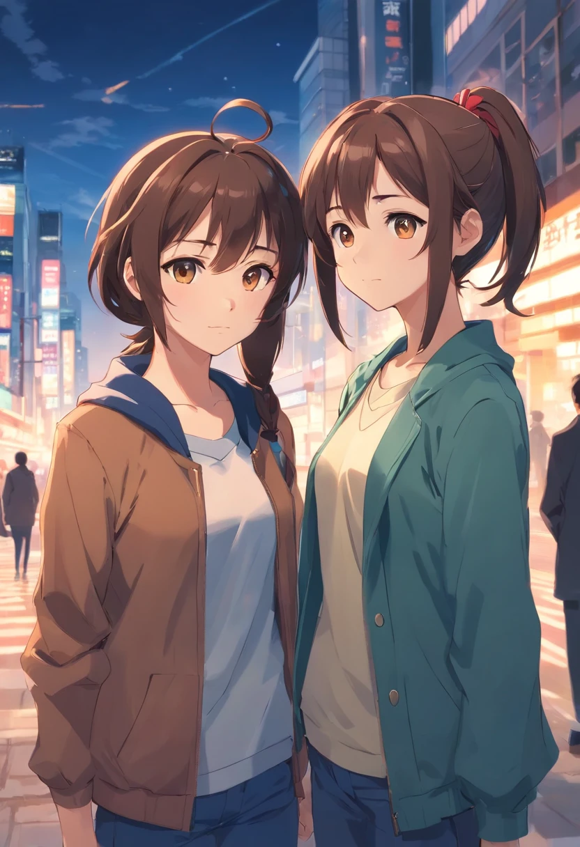 "twogirls, Brunette ponytail is cold and handsome,Medium long brown hair is gentle