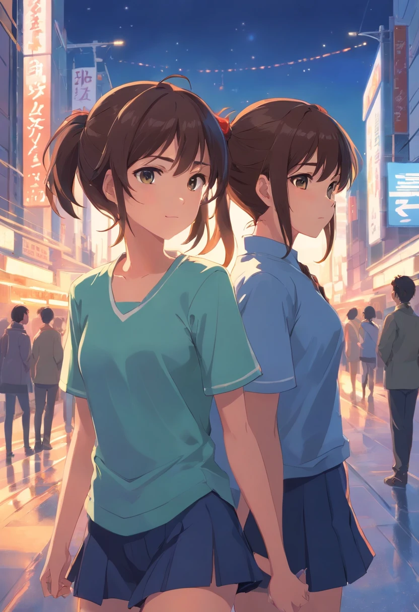 "twogirls, Brunette ponytail is cold and handsome,Medium long brown hair is gentle