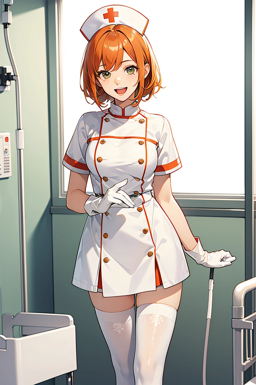 1girl, solo, nurse, nurse cap, white wear, ((white legwear, zettai ryouiki)), white gloves, very short hair, orange hair, smile, open mouth, standing, ((hospital room)), sharp outline, short sleeves, tomboy, boyish, best quality, masterpiece