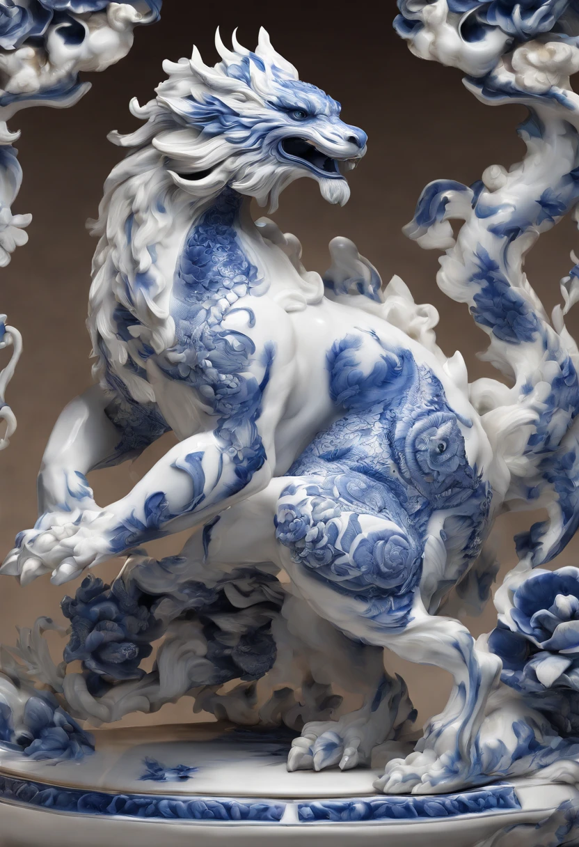 Blue and white porcelain,Ceramic material,Chinese mythical beast,artwork of a,High detail,3D,Chiaroscuro, Cinematic lighting, god light, Cinematic lighting, hyper HD, High details, Best quality, A high resolution, Textured skin