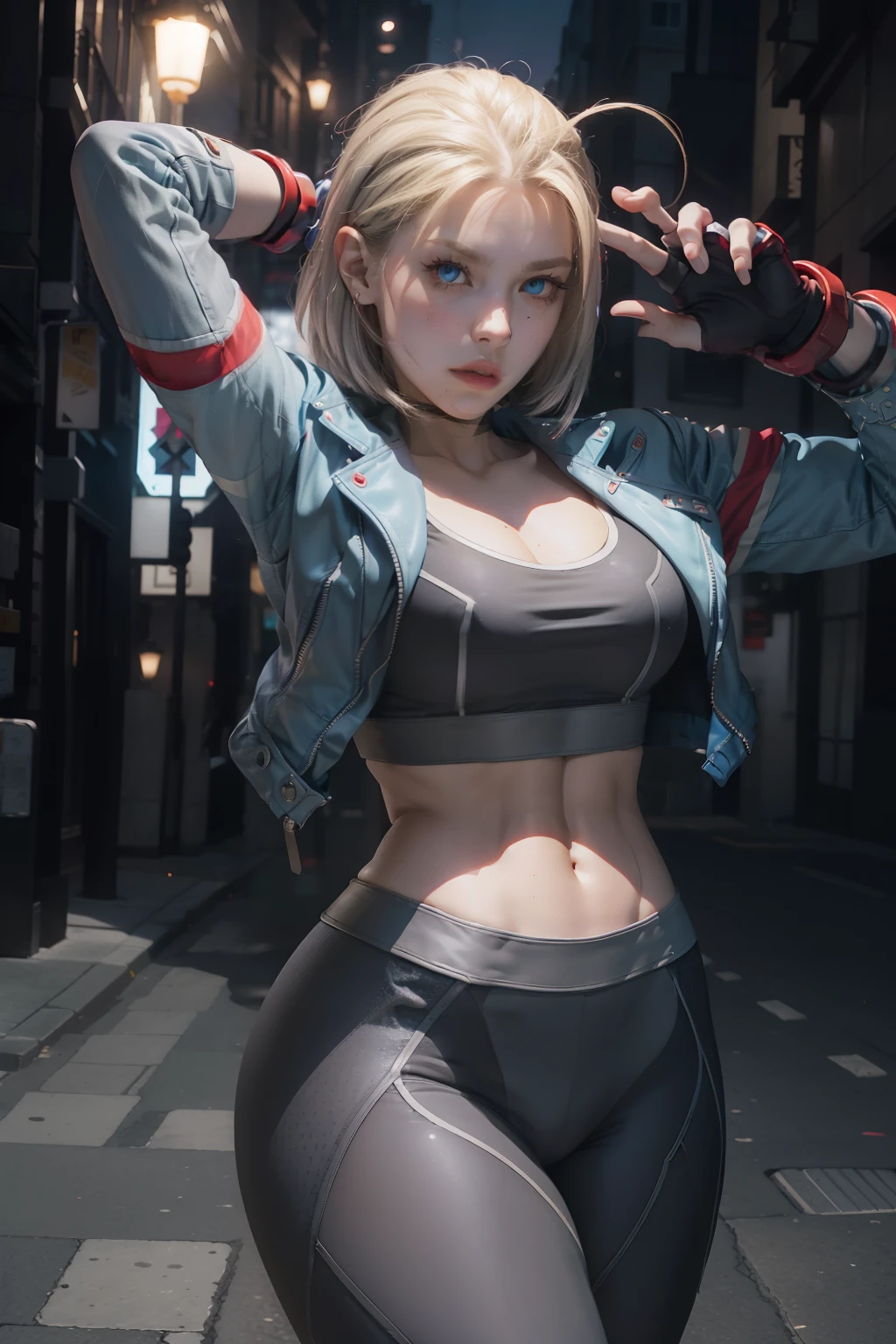 ((Best Quality, 8K, Masterpiece: 1.3)), Detailed Eyes, Double Eyelids, (1girl), (Left Face Scar), (28 years old, sexy maturity), (Vest line, thin waist, buttocks), (Blue jacket), ((Big blue eyes, long eyelashes)), ((Pout)), ((Firm nose)), (Realistic skin details), Detailed Face, Best Light, Best Shadow, Edge Lighting, Ray Tracing, Unreal Engine 5, (Cammy white from street fighter 6, game CG character modeling)), beautiful shiny hair, (((dark gray tights)))), muscular, collar, abs, (mid-chest hard), (leg muscle lines), neon lights, bustling and lively streets, distant high-rise buildings, night, NVIDIA RTX, Super-Resolution, Unreal 5, Subsurface scattering, PBR Texturing, Post-processing,Anisotropic Filtering,Depth-of-field,Maximum clarity and sharpness,Multi-layered textures,Albedo and Specular maps,Surface shading,Accurate simulation of light-material interaction,Perfect proportions,Octane Render,Two-tone lighting,Wide aperture,Low ISO,White balance,Rule of thirds,8K RAW, butt to camera