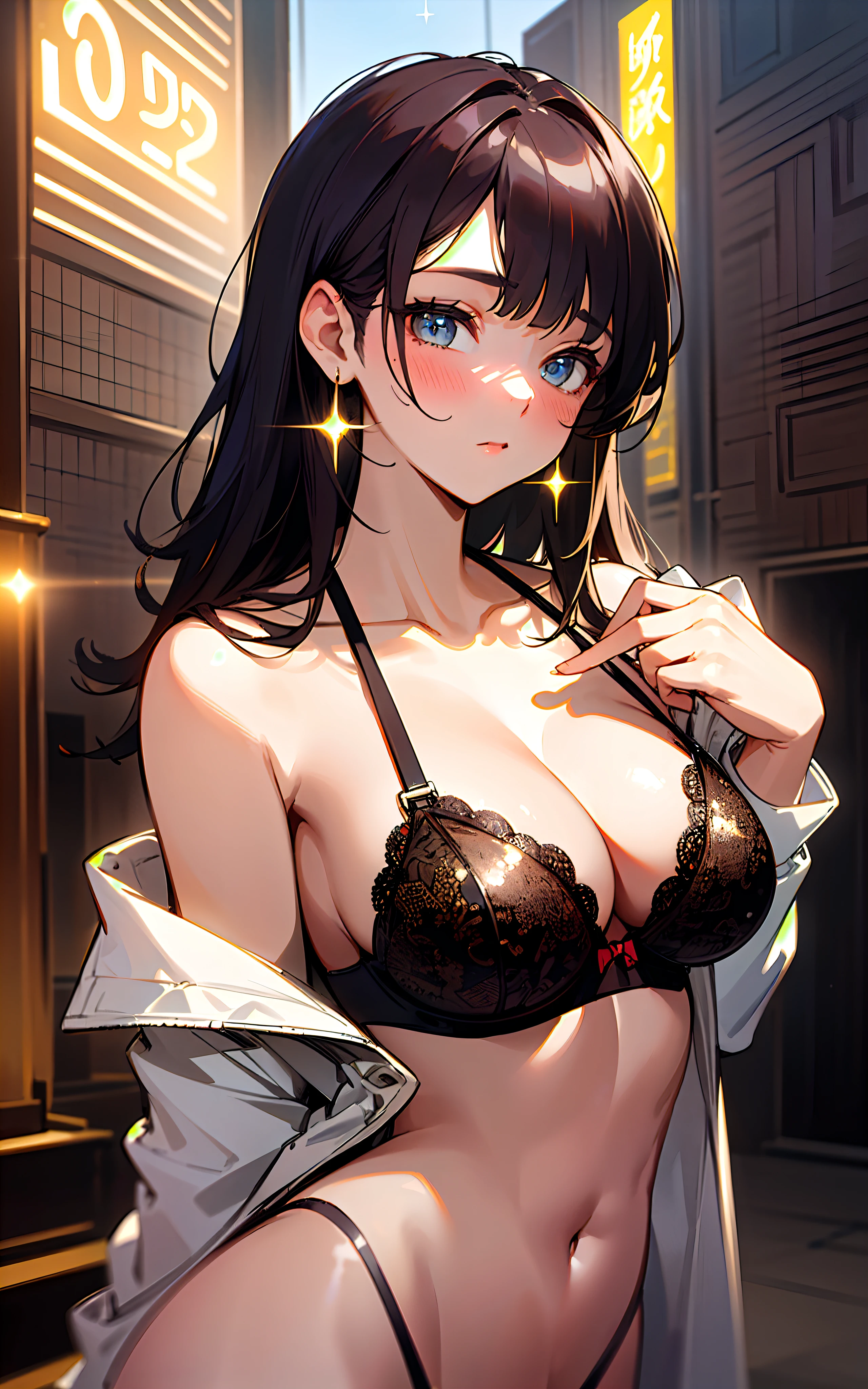 (Original Character、Unity 16K wallpaper, Masterpiece, Best quality, Ultra-detailed, Extremely detailed, Caustics, Cinematic lighting, Detailed, Beautiful detailed eyes), 超高分辨率, Fine skin, (Busy city:1.2、Strong light,30 years old,,glitters、Blush、Show off sexy bras,bust up、Cowboy shot:1.2)、(Illuminate the subject、Undressing,Open clothes、above chest),Casual、cleavage