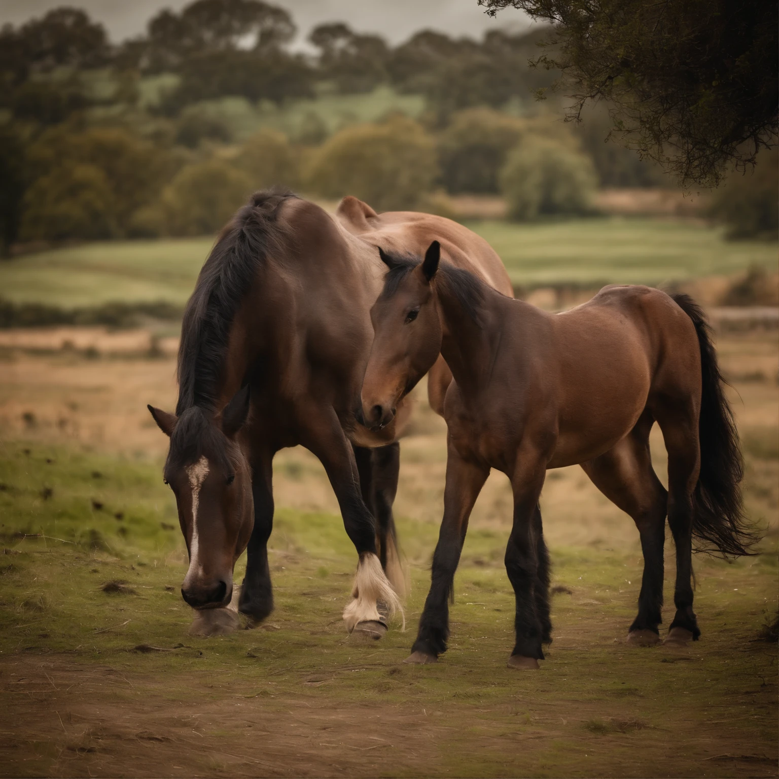 Dois lindos cavalos, pastando em um campo gramado verde e ensolarado, alta qualidade,8k,muitos detalhes