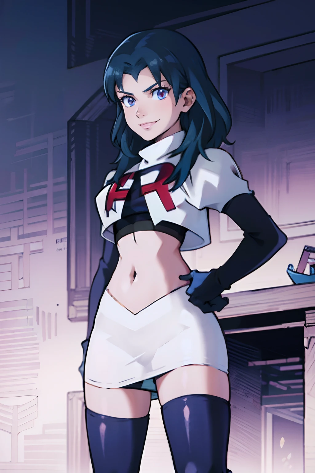 fembyleth, team rocket,team rocket uniform, red letter R, white skirt,white crop top,black thigh-highs,black elbow gloves, sinister smile,hands on hips