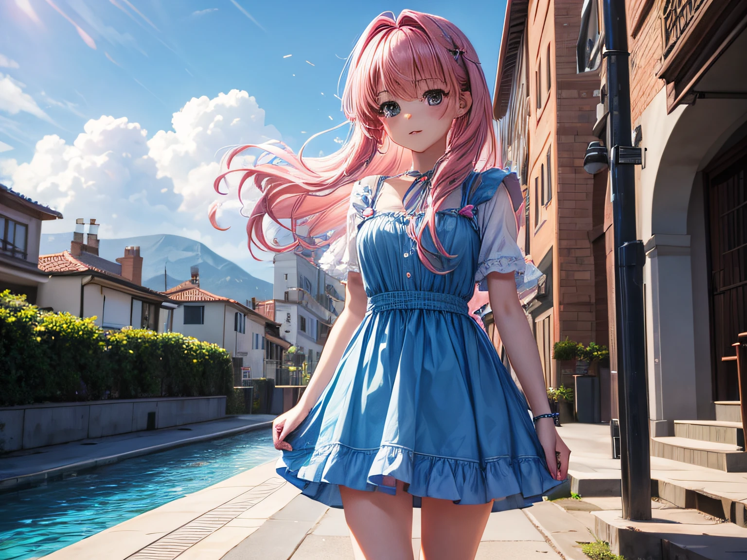 Little beauty 20 years old,A pink-haired,a blue dress,Half-body diagram