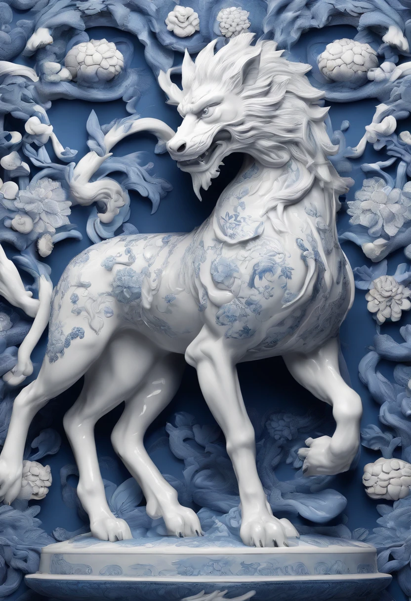 Blue and white porcelain,Ceramic material,Chinese mythical beast，Three-dimensional，On a table，Ornaments，artwork of a,High detail,3D,Chiaroscuro, Cinematic lighting, god light, Cinematic lighting, hyper HD, High details, Best quality, A high resolution, Textured skin