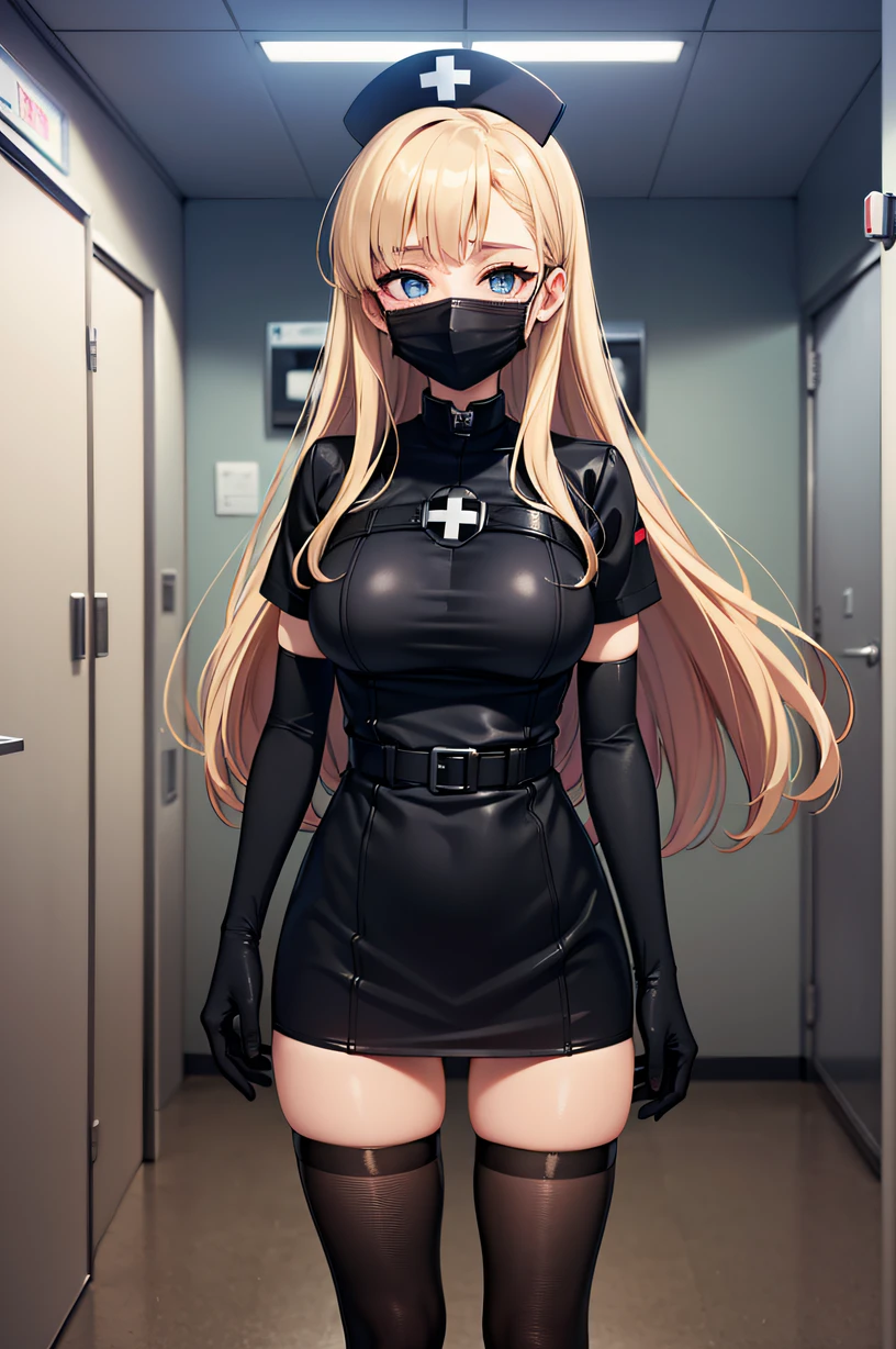 black nurse, 1woman, solo, black nurse cap, black wear, ((black legwear, zettai ryouiki)), black elbow gloves, blonde hair, blue eyes, ((black surgical mask, covered nose)), standing, ((surgery room)), sharp outline, short sleeves, mature female, 35 years old, best quality, masterpiece
