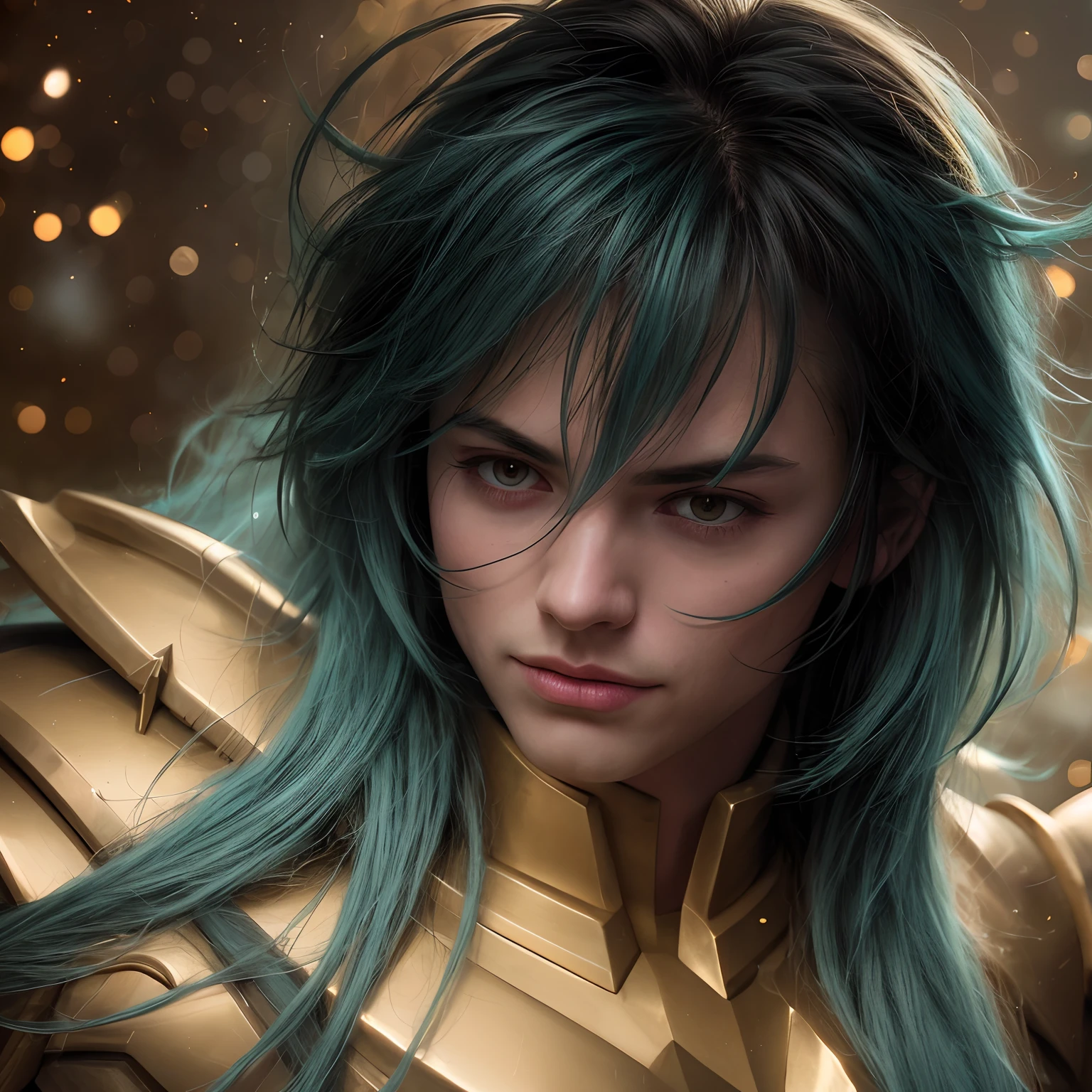 cinemactic, incrivelmente detalhado e ultrarrealista, Camus of Aquarrius Saint Seiya. Close up. He's wearing pretty realistic golden armor. Armadura dourada brilhante. Bright golden armor. Armadura com brilho natural. Octane is the perfect tool to capture the softest details of this 16k photography masterpiece. He is a handsome white man about ((40 years)) old. 1 homen. ((French man)). beautiful face. Rosto detalhado. Nariz bonito. Nariz fino e alongado. (Olhos azuis muito grandes). olhos perfeitos. ((depilado)). Strong expression. He has long ((light turquoise)) hair. messy hair with bangs. messy hair. Pelas de rosas flutuando em torno ele. Landscape starry sky.