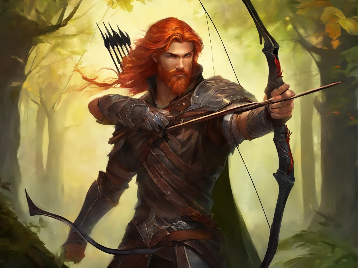 male human, dark hunter, archer clothes, cort red hair, red beard, elven physique, in a dark forrest, good anatomy, masterpiece, holding a bow