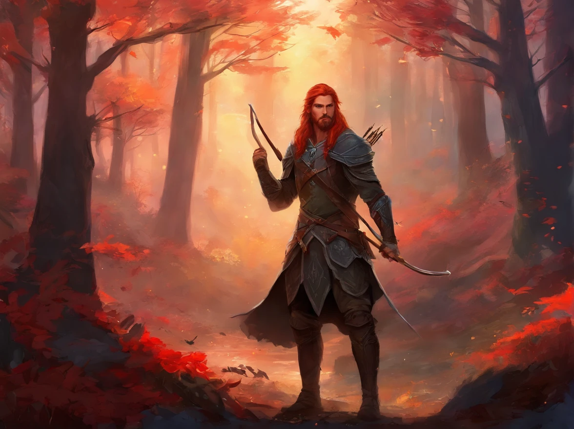 male human, dark hunter, archer clothes, cort red hair, red beard, elven physique, in a dark forrest, good anatomy, masterpiece, holding a bow