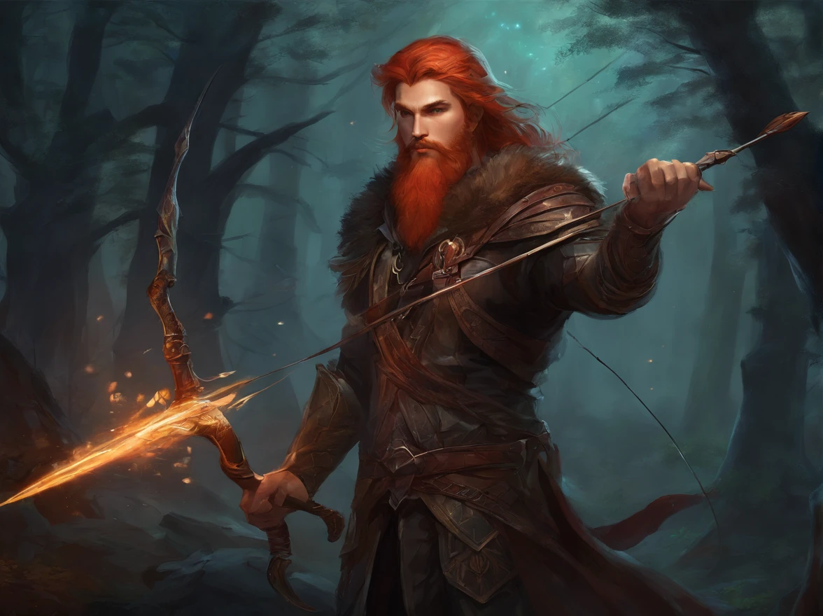 male human, dark hunter, archer clothes, cort red hair, red beard, elven physique, in a dark forrest, good anatomy, masterpiece, holding a bow