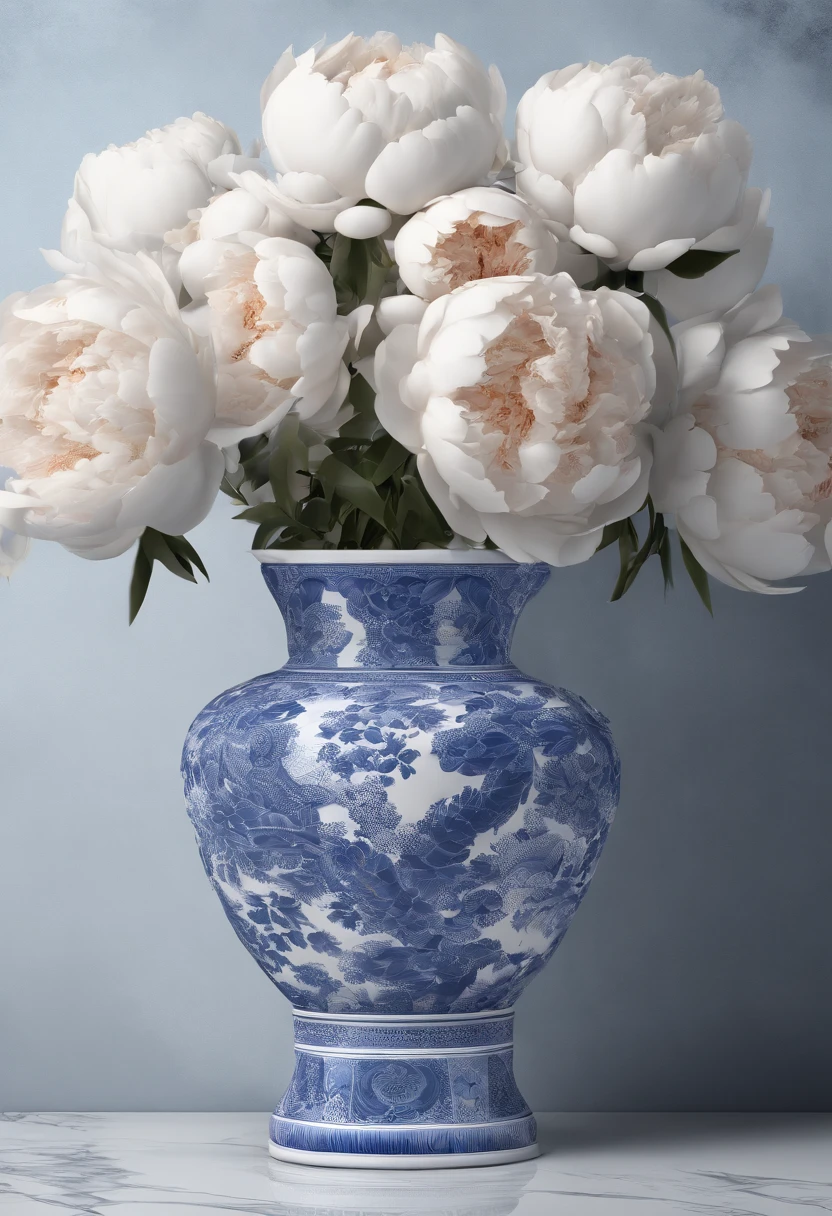 Blue and white porcelain,Ceramic material,A pot of peony flowers,Stereoscopic rendering，artwork of a,High detail,3D,Chiaroscuro, Cinematic lighting, god light, Cinematic lighting, hyper HD, High details, Best quality, A high resolution, Textured skin