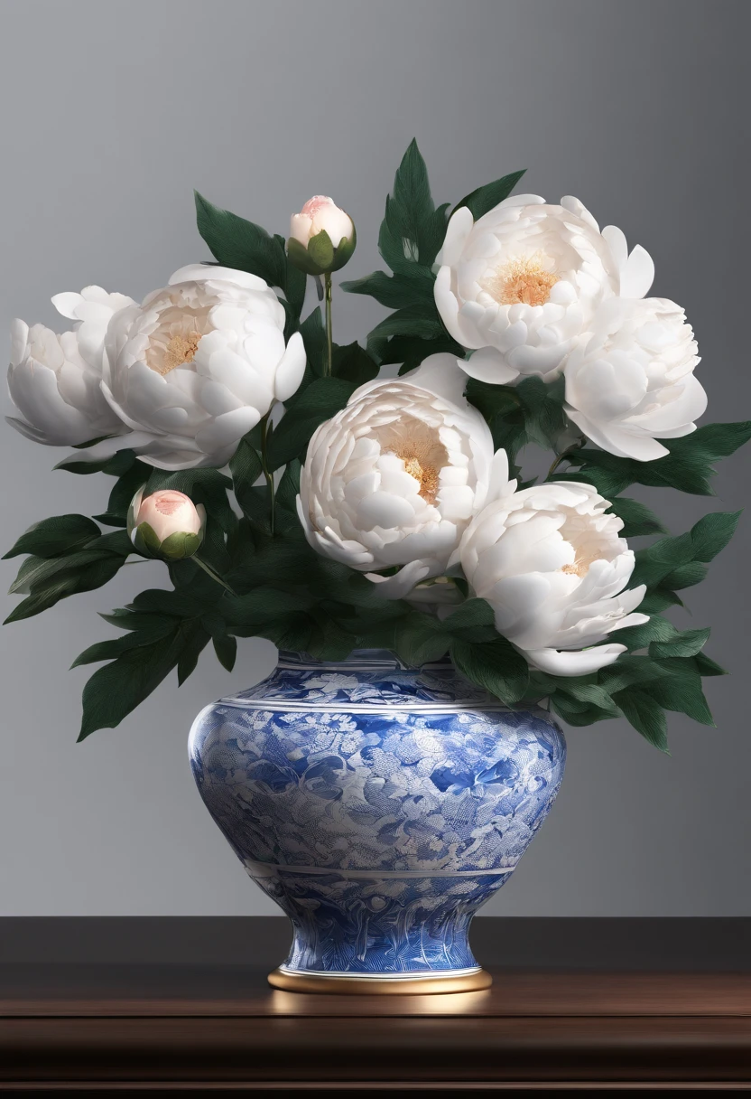 Blue and white porcelain,Ceramic material,A pot of peony flowers,Stereoscopic rendering,artwork of a,High detail,3D,Chiaroscuro, Cinematic lighting, god light, Cinematic lighting, hyper HD, High details, Best quality, A high resolution, Textured skin
