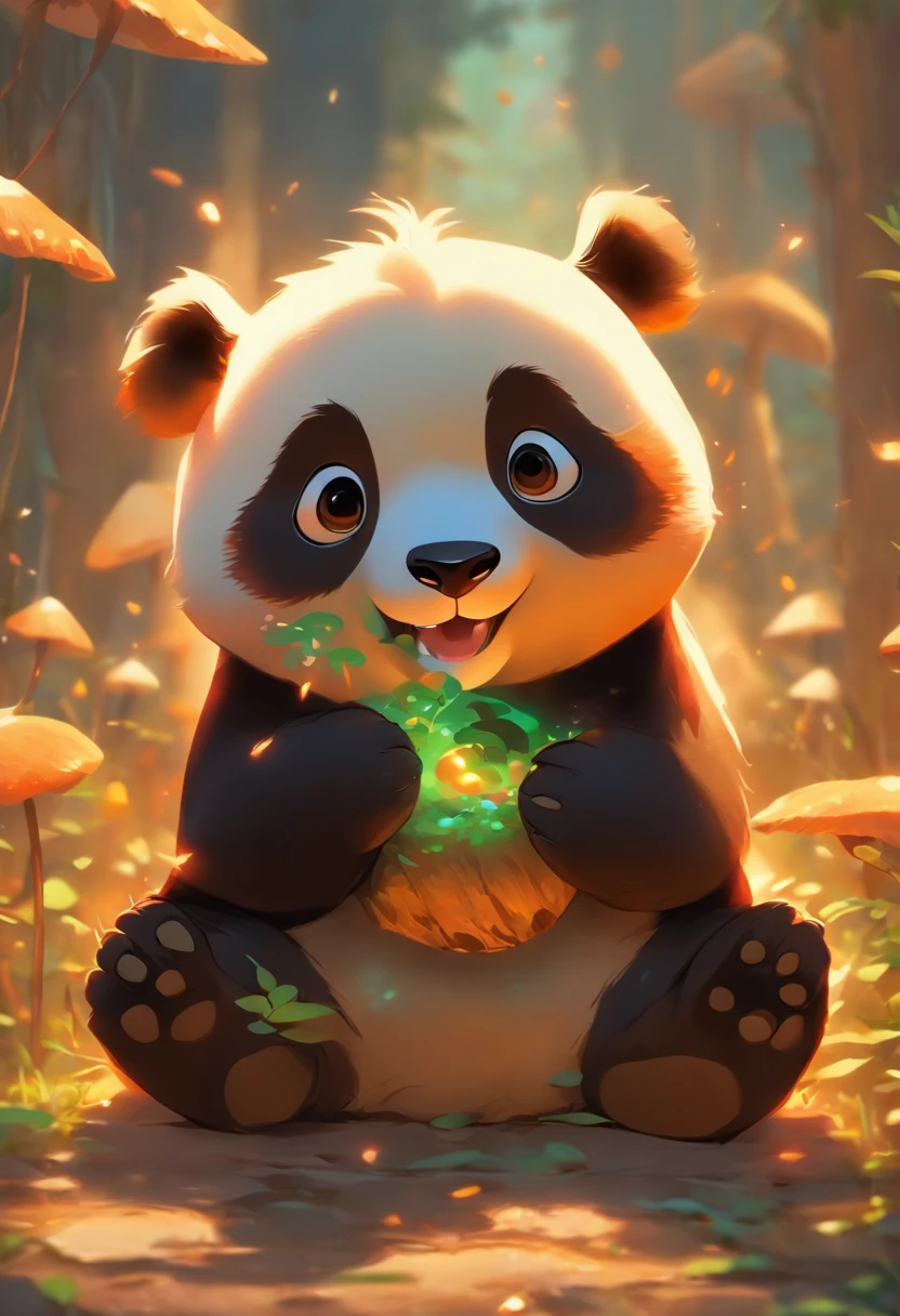 A cute panda sitting on the ground,Has big eyes,Lazy,greet,high detal,Enoki mushroom in hand,Eating