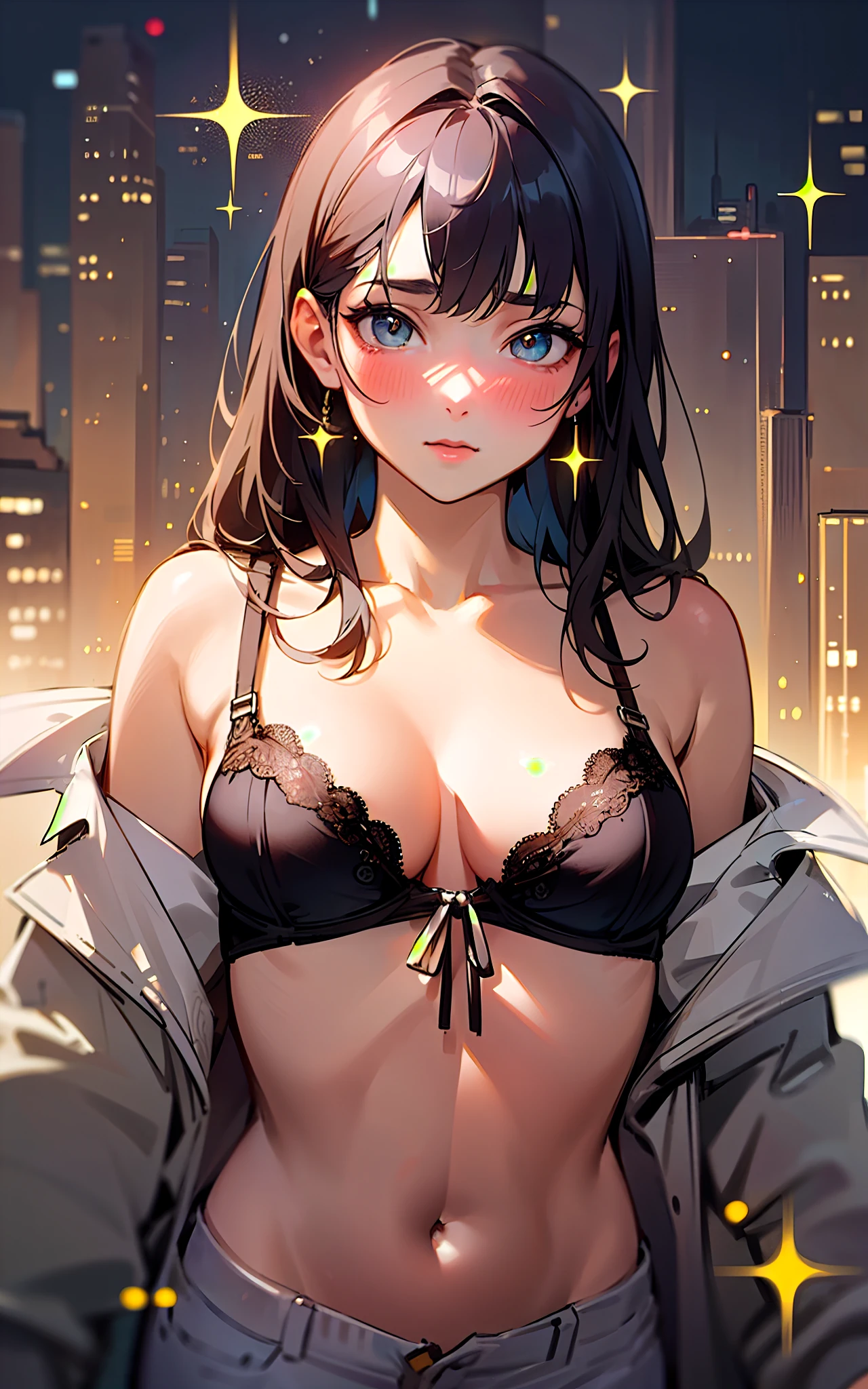 (Original Character、Unity 16K wallpaper, Masterpiece, Best quality, Ultra-detailed, Extremely detailed, Caustics, Cinematic lighting, Detailed, Beautiful detailed eyes), 超高分辨率, Fine skin, (Busy city:1.2、Strong light,30 years old,,glitters、Blush、Show off sexy bras,bust up、Cowboy shot:1.2)、(Illuminate the subject、Undressing,Open clothes、above chest),Casual、cleavage