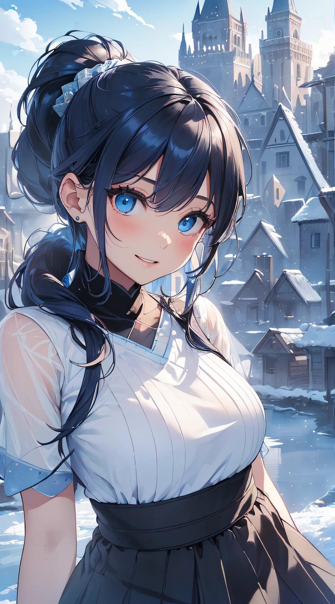 top-quality、Top image quality、masterpiece、girl with((cute little、18year old、Best Bust、Medium bust、Bust 85,Beautiful blue eyes、Breasts wide open,Ponytail with black hair、A slender、Blue hair mesh、White sweater short sleeve t-shirt、falda corta,Laugh、Leaning forward、Hands behind your back))hiquality、Beautiful Art、Background with((White blue sky、Frozen town、Frozen buildings、Freezing tower)),masutepiece、Elaborate design、visualart、depth of fields、The best lighting、highestdetailed、8k