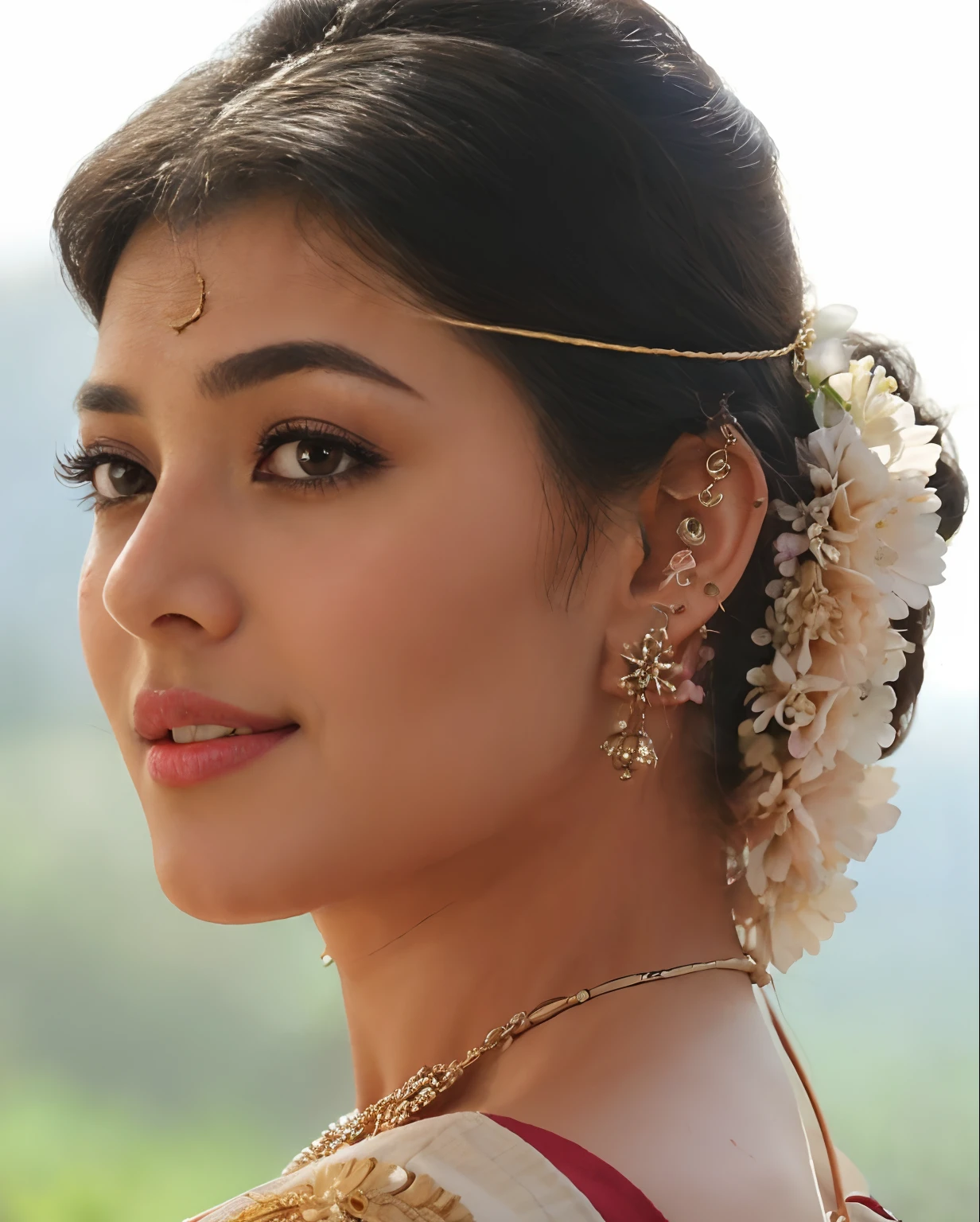 a close up of a woman with a flower in her hair, traditional female hairstyles, traditional beauty, very attractive and beautiful, traditional makeup, with small studded earings, very beautiful enga style, beautiful face!!!!, with cute - fine - face, attractive and good looking, attractive female face!!!, very beautiful face, with lovely look, feminine beautiful face, beautiful face!!