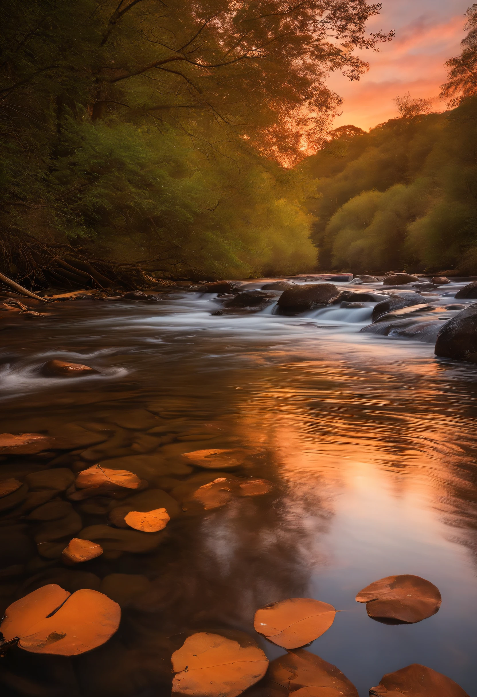 "Imagine uma cena de natureza serena e inspiradora. You stand before a gentle stream that meanders gently through an unspoiled natural landscape. The waters of the creek reflect the warm, soft colors of the sunset unfolding on the horizon.

Sunsets with lots of light are a spectacle of golden colors, laranjas e rosas, Creating a Smooth Gradient That Lights Up the Sky. A luz do sol banha a paisagem com um brilho suave e calor reconfortante. The clouds in the sky turn to shades of orange and pink, como pinceladas suaves em uma tela.

The creek bank is flanked by tall, lush trees, its leaves swaying gently in the gentle breeze. The surface of the creek is calm, reflecting the sky in its fullness and creating a sense of peace and tranquility.

Are you alone, imerso na quietude da natureza, Just the soothing sound of the flowing water and the singing of the birds breaking the silence. The scene radiates a sense of serenity, A Moment of Peace and Contemplation.

Use this description to generate a mental image of a tranquil nature scene with a stream and a sunset, criando um lugar de beleza e calma."





Regenerate