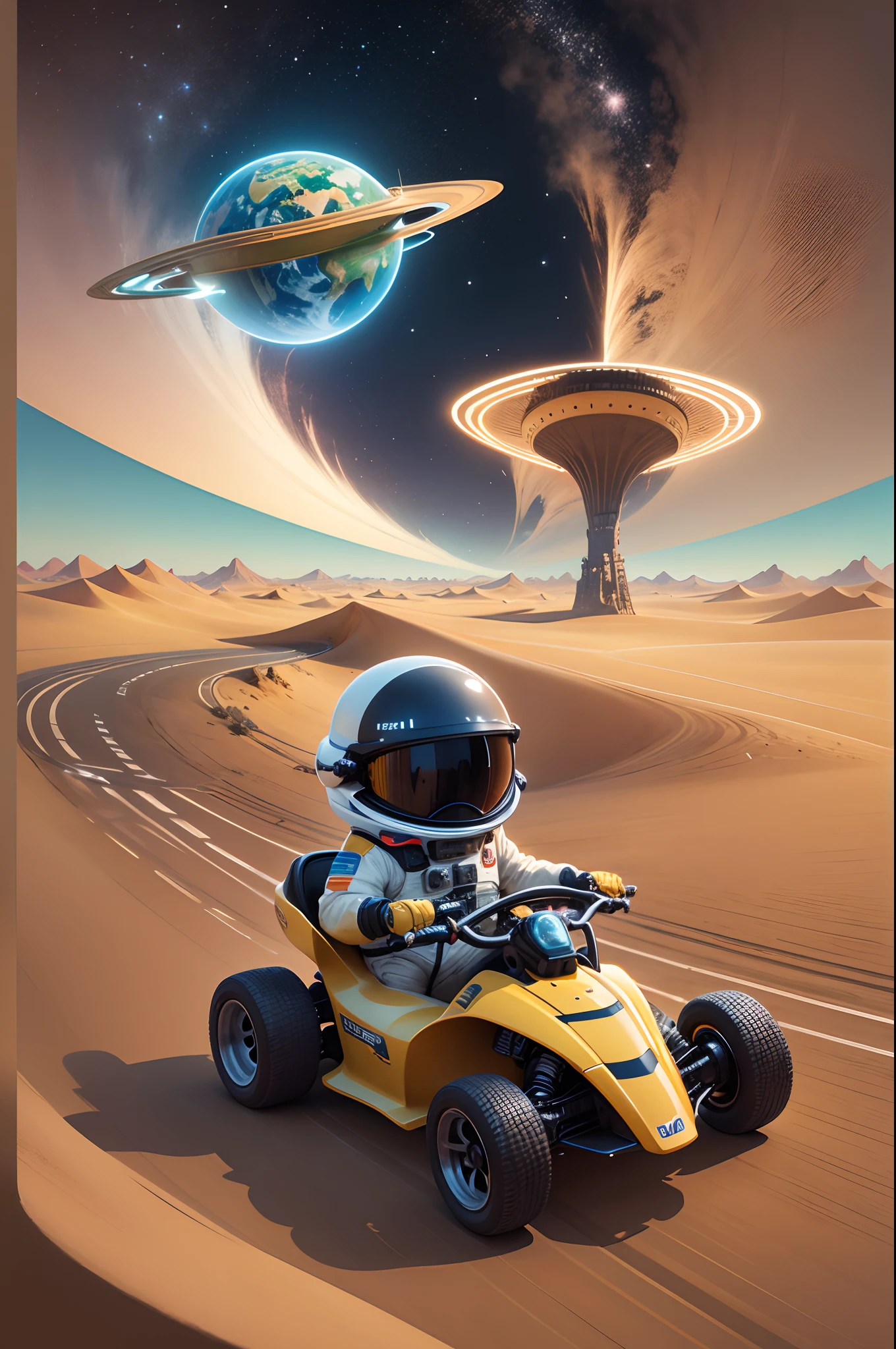 Astronauts on the go,Go-karts on a Martian desert landscape,(The background is the Earth), 独奏,(Drive a go-kart),As estrelas(Skysky),sci-fy,Realistis,Spacesuit,guido,Casque spatial,sci-fi illustrations, sci-fi illustrations, stunning digital illustration,retro scifi art, science fiction digital art,