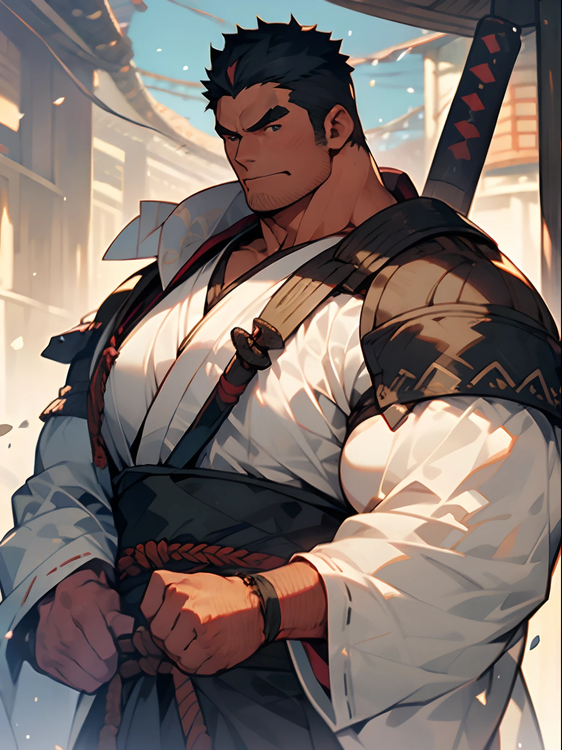 Extremely detailed, Detailed face, Detailed eyes, view full body, samurais, short-haired, Fat(Fat, Fat), well-muscled, Weapons on the back,  Haori Hakama