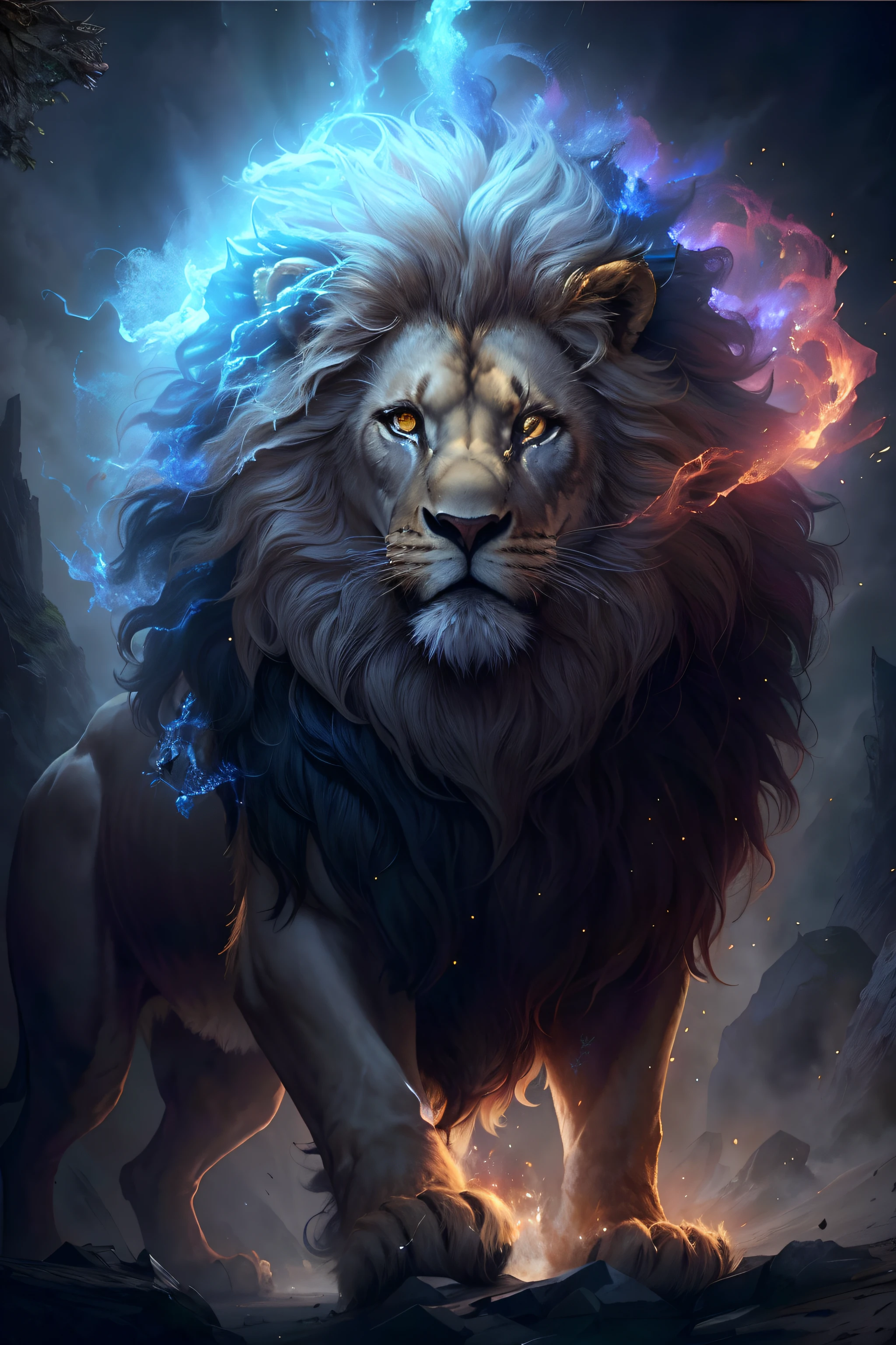 Close-up of a lion,Mane blue,There is a star on the head, fire lion, amazing wallpapers, Lion warriors, lord of beasts, phone wallpaper hd, gorgeous goddess of leo, roaring blue lion. Majestic, aslan the lion, 2 d full body lion, hd phone wallpaper, Majestic!!! Beautiful!!!, with the mane of a lion, lion,It shines brightly,Detailed facial expressions,ferocious,mighty,staredown,The lion's gaze