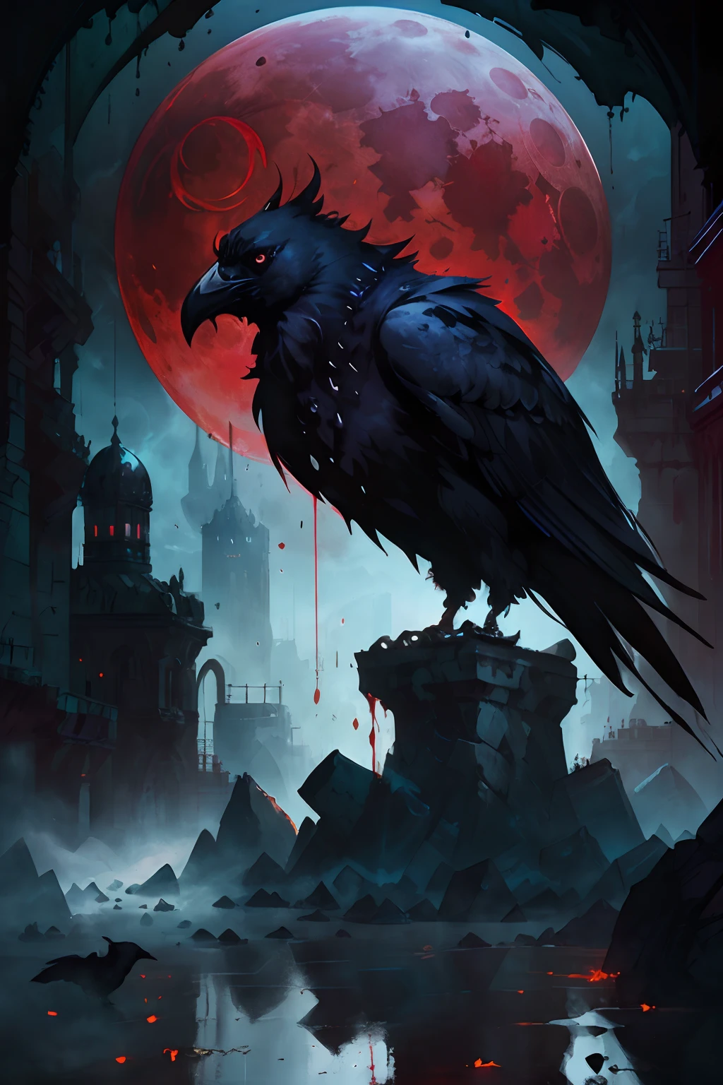 Ultra-wide-angle, photorealistic medieval gothic shot of an exciting fusion between Spawn and a raven resulting in a new character that embodies elements of both, people, see. Black Ink Flow - 8k Resolution Photorealistic Masterpiece - by Aaron Horkey and Jeremy Mann - Intricately Detailed. fluid gouache painting: by Jean Baptiste Mongue: calligraphy: acrylic: colorful watercolor, cinematic lighting, maximalist photoillustration: by marton bobzert: 8k resolution concept art, intricately detailed realism, complex, elegant, expansive, fantastical and psychedelic, dripping paint , in the chasm of the empire estate, night, blood moon, buildings, reflections