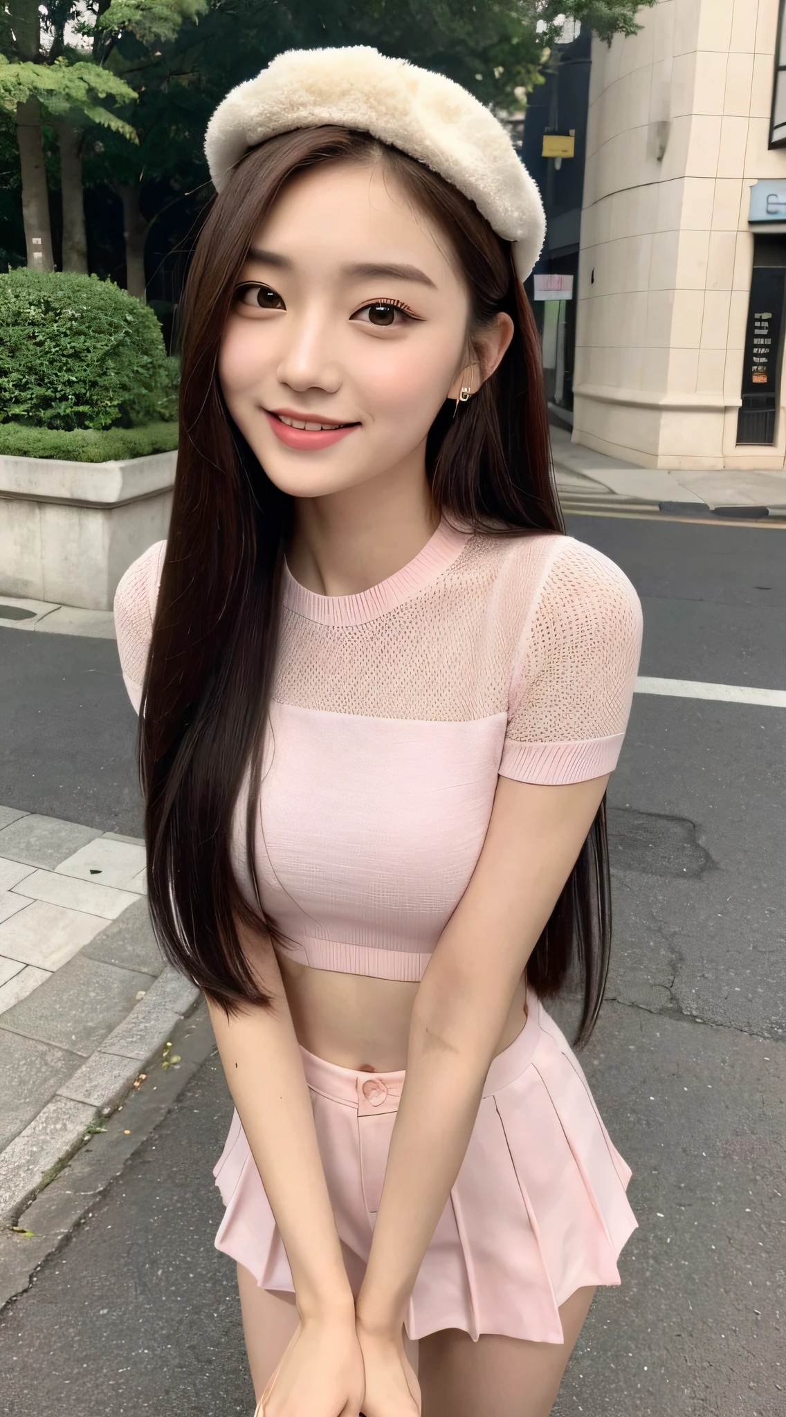 （（best qualtiy，8K，tmasterpiece：1.3）），（Flower Cap：1.3），Beautiful Women with Perfect Figure：1.4，glute：1.2，（Long layered hairstyle：1.2）），（the street：1.3），Highly Detailed Face and Skin Textur，full bodyesbian，Elaborate Eyes，二重まぶた，Whitens the skin，Cute Korean beauty（with a round face：1.5），（Pink top，short  skirt：1.6）ssmile
