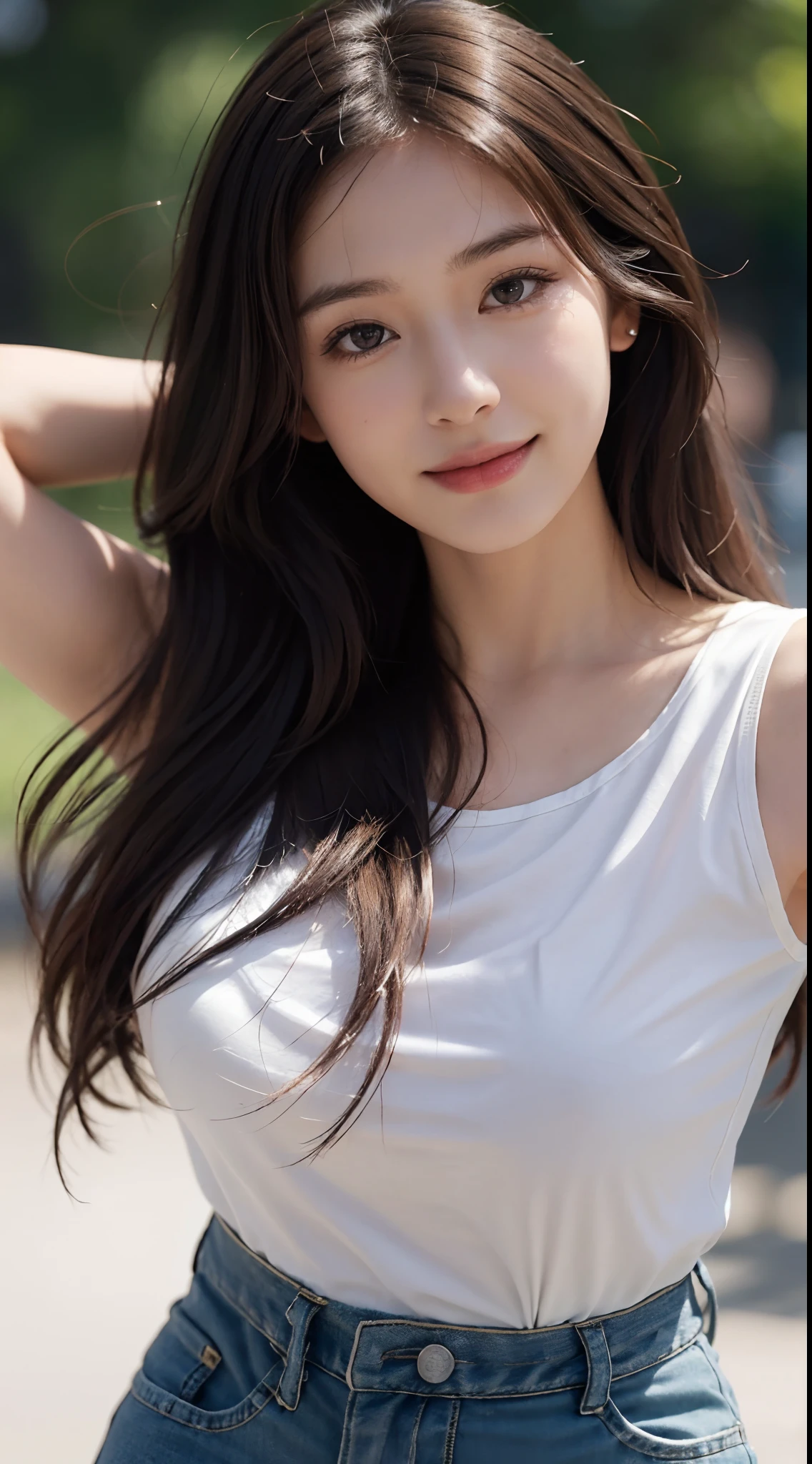 (Ultra Realistic), (Illustration), (High Resolution), (8K), (Very Detailed), (Best Illustration), (Beautiful Detailed Eyes), (Best Quality), (Ultra Detailed), (Masterpiece), (Wallpaper), (Detailed Face), Night, Upper Body Up,Armpits, Smile,Plump,Solo,Simple White T-Shirt Girl, Sweaty, Japan Person, Big, (Camel Toe)