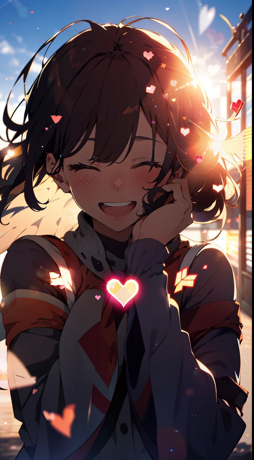 an girl, upper body, (huge Laughing:1.1), (open mouth:1.1), closed eyes, sun glare, bokeh, depth of field, blurry background, light particles, strong wind, (heart particles:1.2)