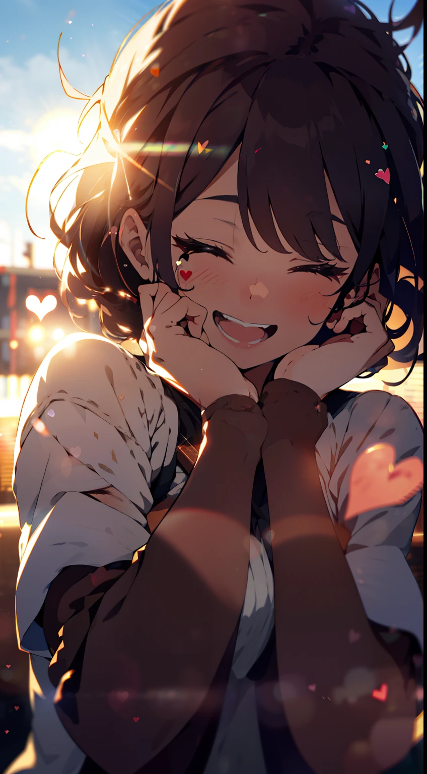 an girl, upper body, (huge Laughing:1.1), (open mouth:1.1), closed eyes, sun glare, bokeh, depth of field, blurry background, light particles, strong wind, (heart particles:1.2)