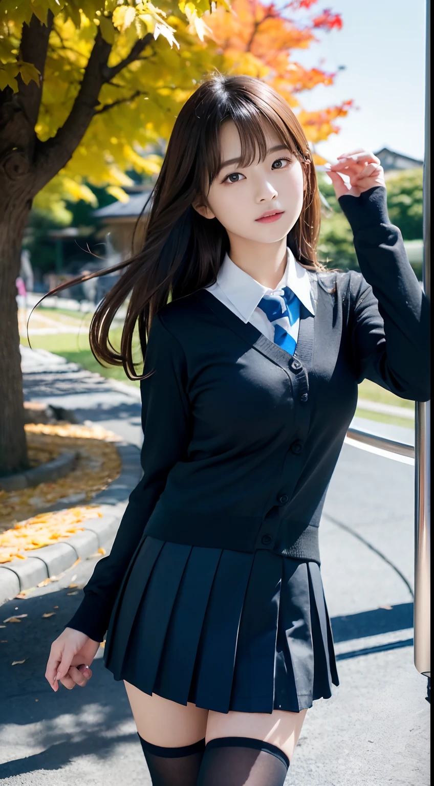 mix4, (16 K, Raw photography, Top image quality, masterpiece: 1.45), (realisitic, Photorealsitic: 1.37), one girls, Random hairstyle、Standing figure,Glossy bean peel、Morning time slot、a very cute,a park,Trees with autumn leaves, profetional lighting, photon maping、physically-based renderingt, Gradient dark brown hair,, a handsome, Well-groomed and beautiful eyes、Large double eyelids、Very shiny、girl with, (((校服、Winter clothes、Uniforms worn by Japan female students、White cardigan、Dark blue color、Black mini skirt、high socks、lowfers))), Top Quality Photos, hight resolution, 1080p, (clearface), (Detailed face description), (Detailed hand description), (masterpiece), (Exquisite CG)、extreme light and shadows、dishevled hair、master work、abundant detail、(Fine facial features)、(top quality photo)、(masuter piece)、(A detailed eye)、Looking at the camera、Fine clavicle、((Slender big))、(((Japan schoolgirl in uniform)))、((Ready Idol System))、((a park、Slide、The fountain、seesaw))、(((neat and cute)))、耳Nipple Ring、A big smile、Drawing the whole body from the knees、Do not draw nasolabial folds、(((Cute uniform)))、(Big breasts that hang down big:1.4)、Big buttocks with tension、Two arms and two legs、(((from the front side:0.2)))、bare hand、No mask、Ginkgo in autumn leaves