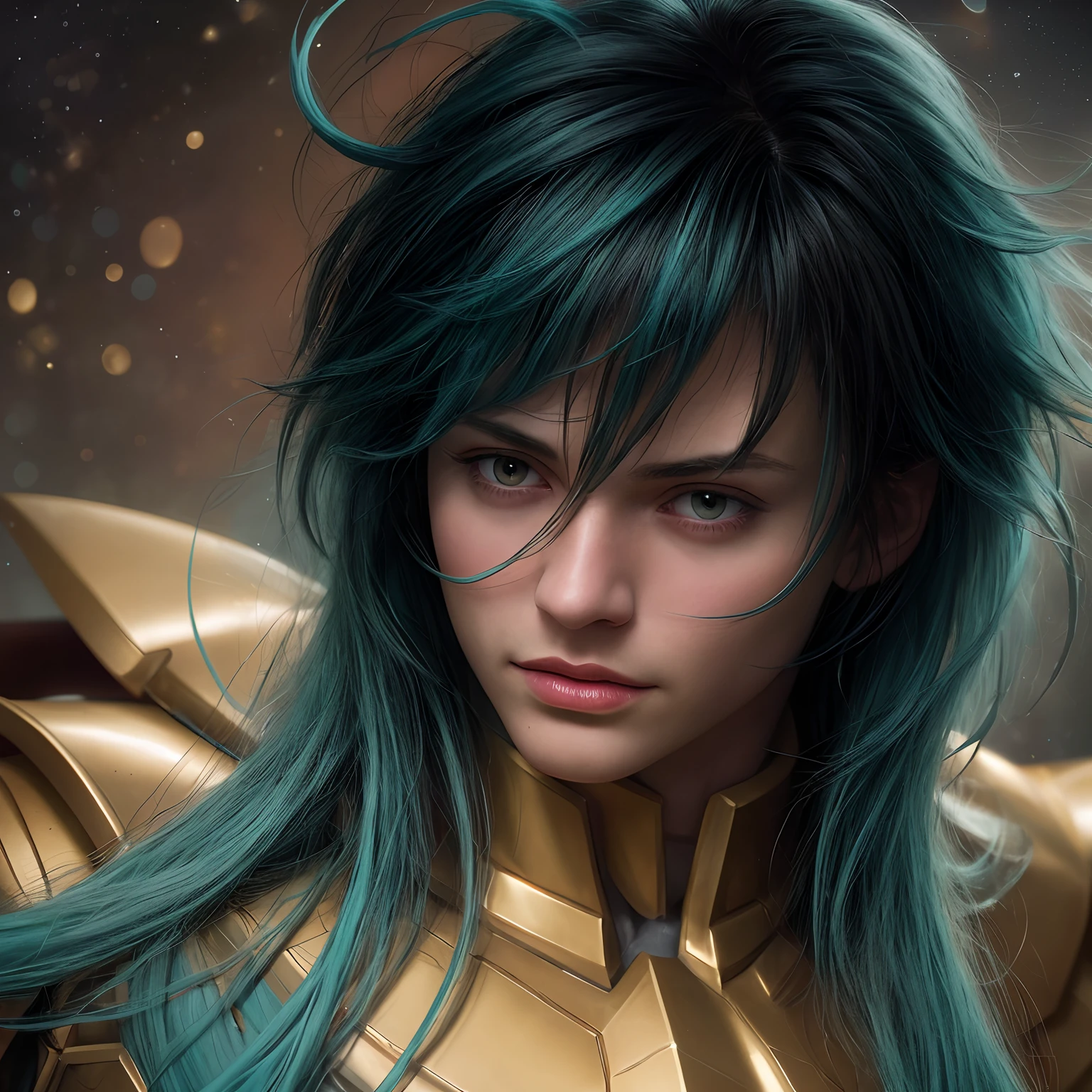 cinemactic, incrivelmente detalhado e ultrarrealista, Camus of Aquarrius Saint Seiya. Close up. He's wearing pretty realistic golden armor. Armadura dourada brilhante. ((Bright golden armor)). Armadura com brilho natural. Octane is the perfect tool to capture the softest details of this 16k photography masterpiece. He is a handsome white man about ((40 years)) old. 1 homen. ((French man)). beautiful face. Rosto detalhado. Nariz bonito. Nariz fino e alongado. (Olhos azuis muito grandes). olhos perfeitos. ((depilado)). Strong expression. He has long ((light turquoise)) hair. messy hair with bangs. messy hair. Pelas de rosas flutuando em torno ele. Landscape starry sky.